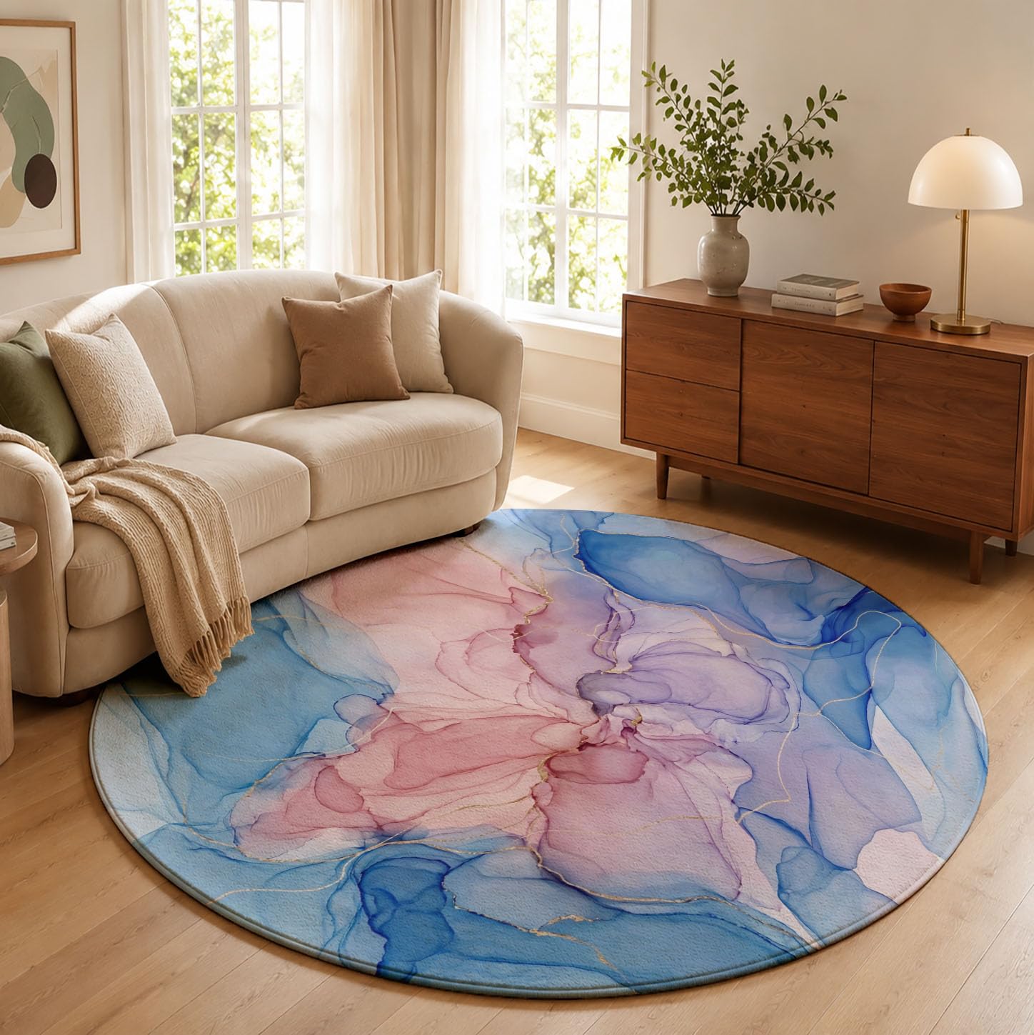 Tapis Rond Blocs De Couleur Dégradés Bleu Rose 120cm | Art Fluide Abstrait Rond Tapis Doux Résistant, Lavable Antidérapant pour Chambre à Coucher Salle à Manger
