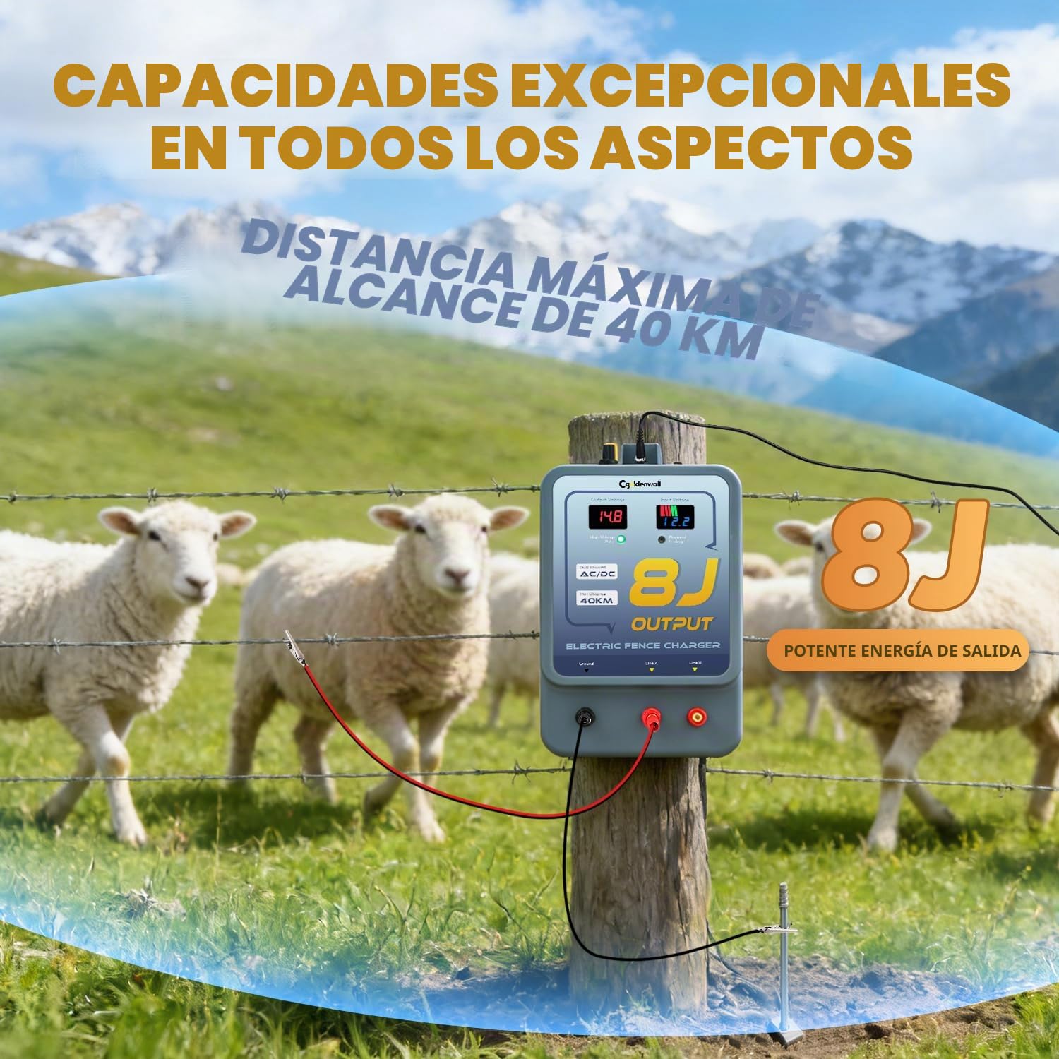 CGOLDENWALL 8J Pastor Electrico, AC/DC, 40KM Alcance, Ganado | 7-13KV Ajustable, IP45 Impermeable, Alarma, Caballos Pollame, Jardin