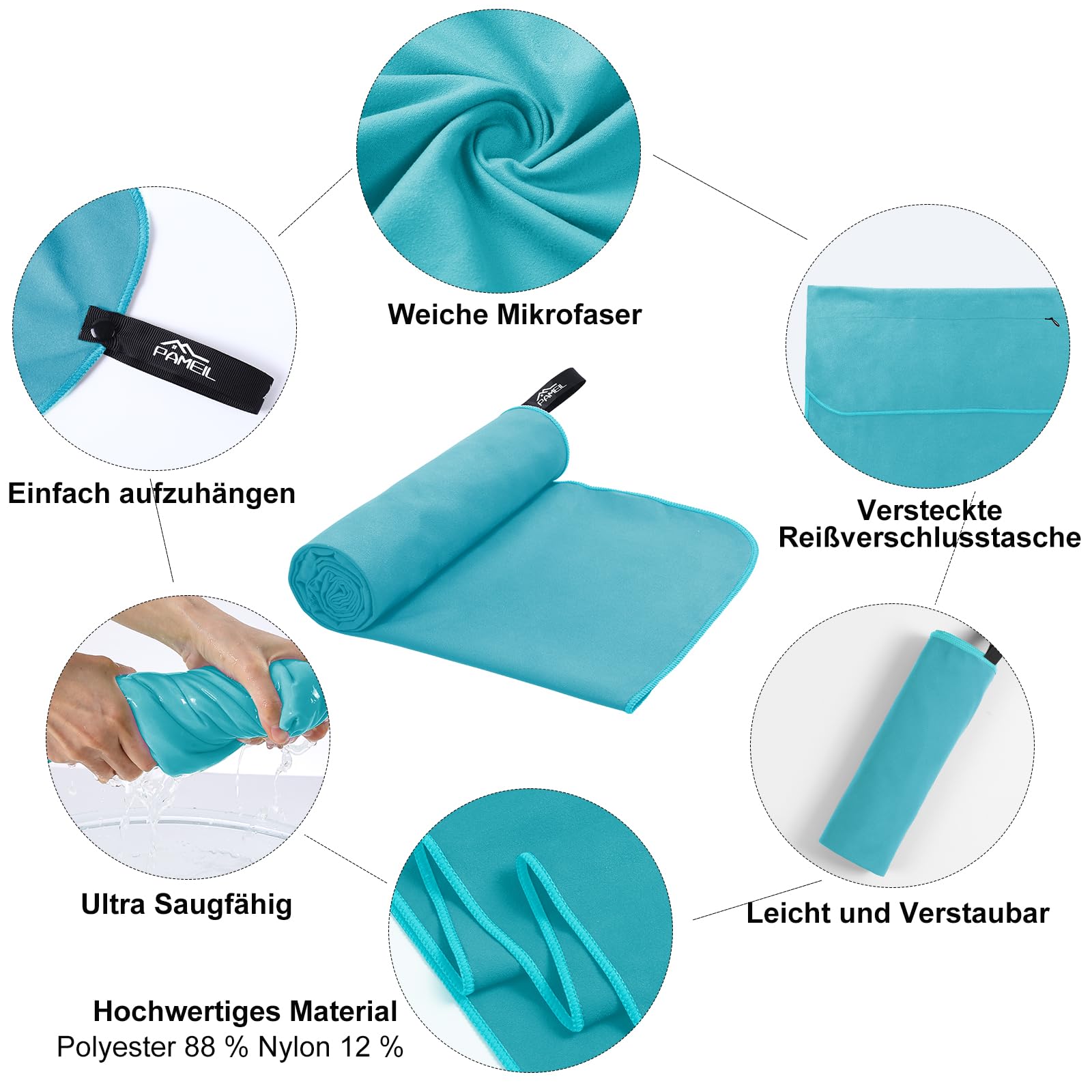 Pameil Asciugamano fitness con tasca con cerniera, 120 x 50 cm, asciugamano da palestra, in microfibra, compatto e ad asciugatura rapida, asciugamano sportivo, palestra, da viaggio (blu pavone)