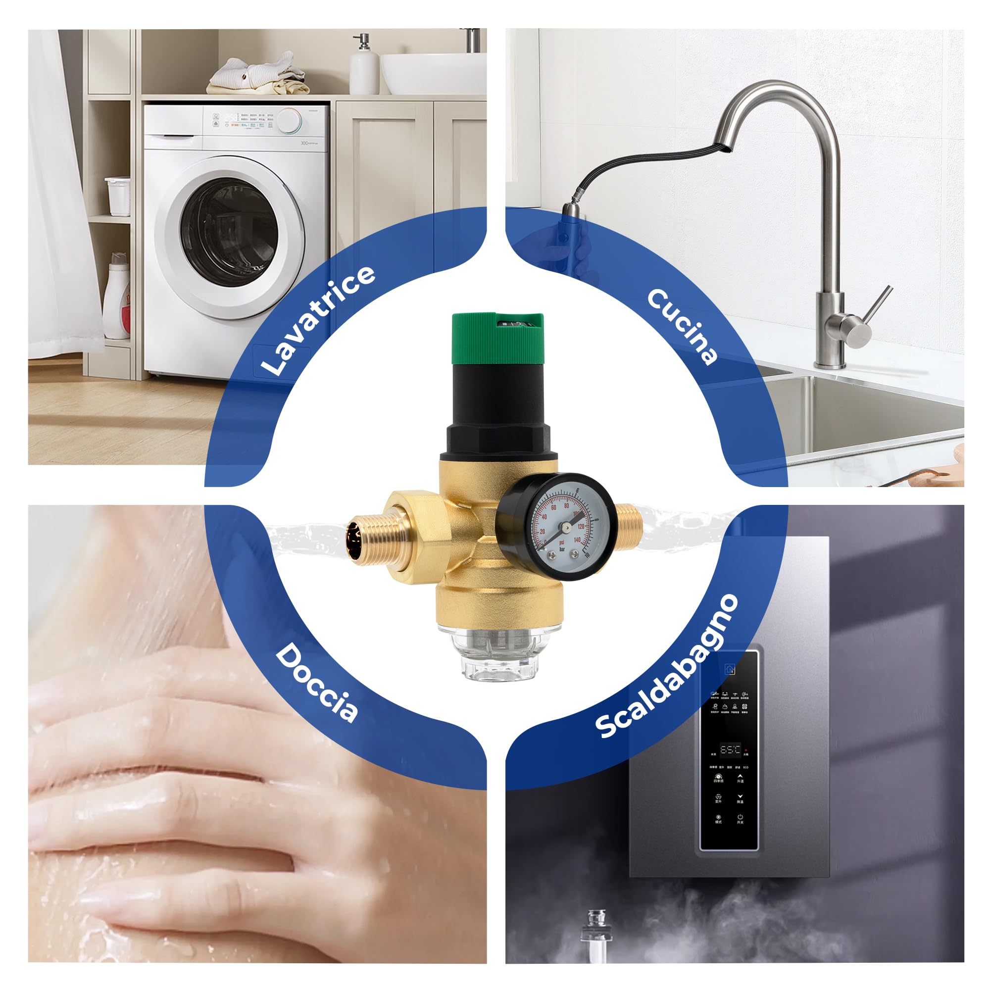 Vancoco Riduttore di Pressione Acqua con Filtro, Valvola di Riduzione della Pressione dell'Acqua 1/2 Pollici DN15 in Ottone con Manometro