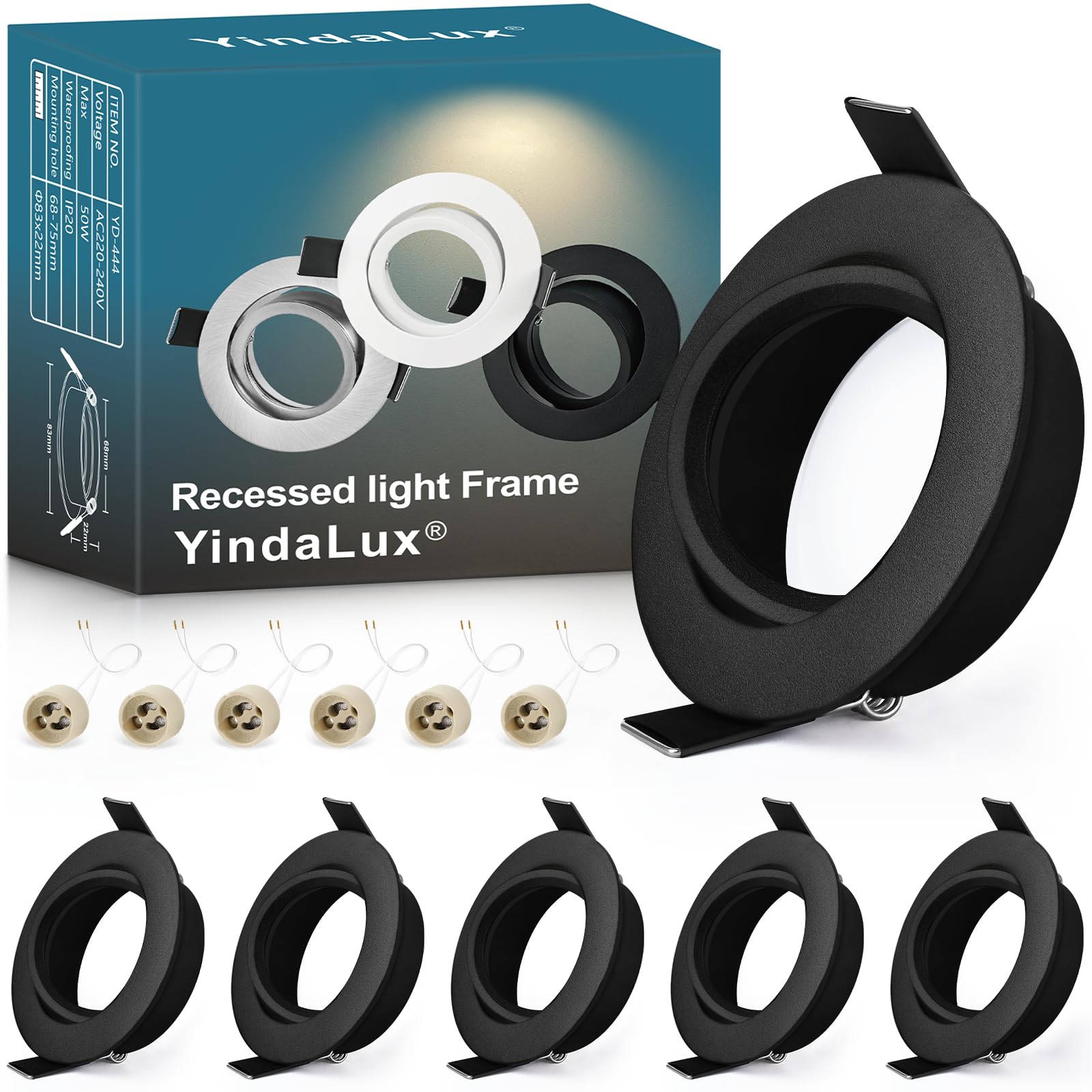 YindaLux 6 Pack GU10 Downlight Bezels Black, 45° Adjustable Aluminium Recessed Spotlight Frames, 230V with GU10 Holder, Ø84mm, Cut-Out 68-75mm, Round Ceiling Spots, No Bulb