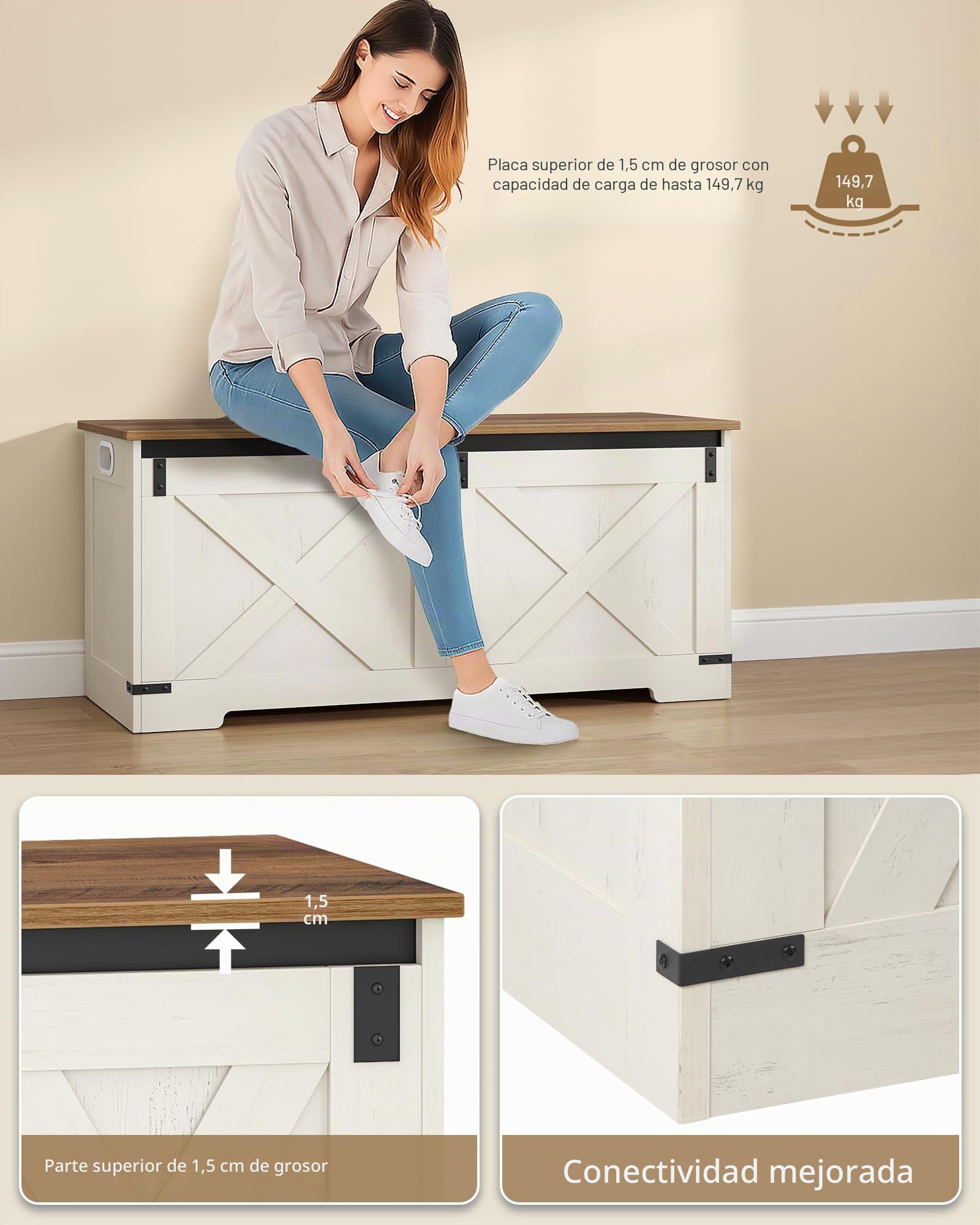 Hzuaneri 109 cm Banco de Almacenamiento, Caja de Madera con Bisagras de Seguridad, Armario de Depósito 40 x 109 x 48,5 cm, para Entrada Dormitorio Salón, Blanco Marrón SB10914X