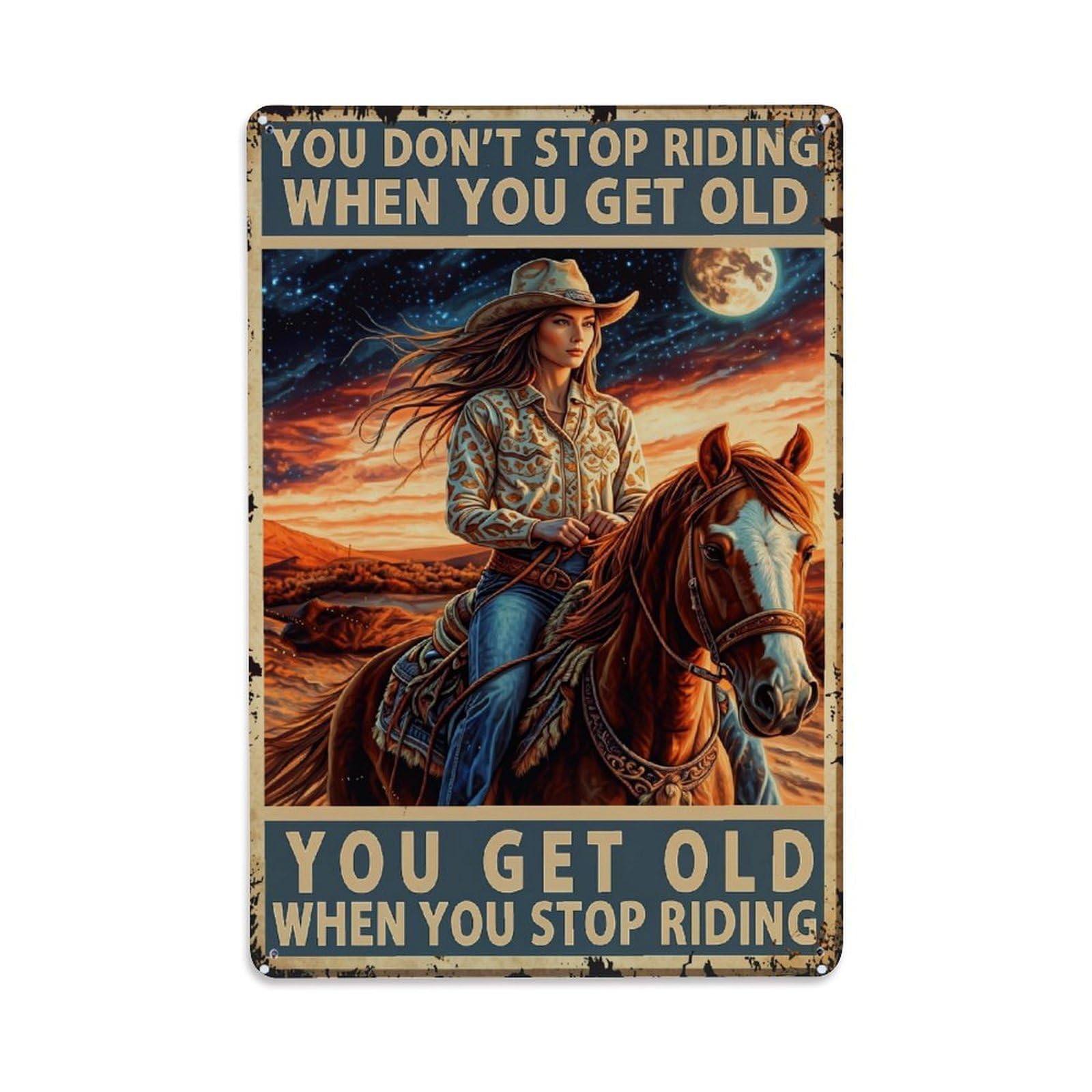 Cowgirl Riding Horse Sunset Scene Retro Metal Tin Sign, Vintage Metal Poster for home, Gaming Room, Studio Workshop,Bar,Garage Wall Art Decor 8x12 Inch