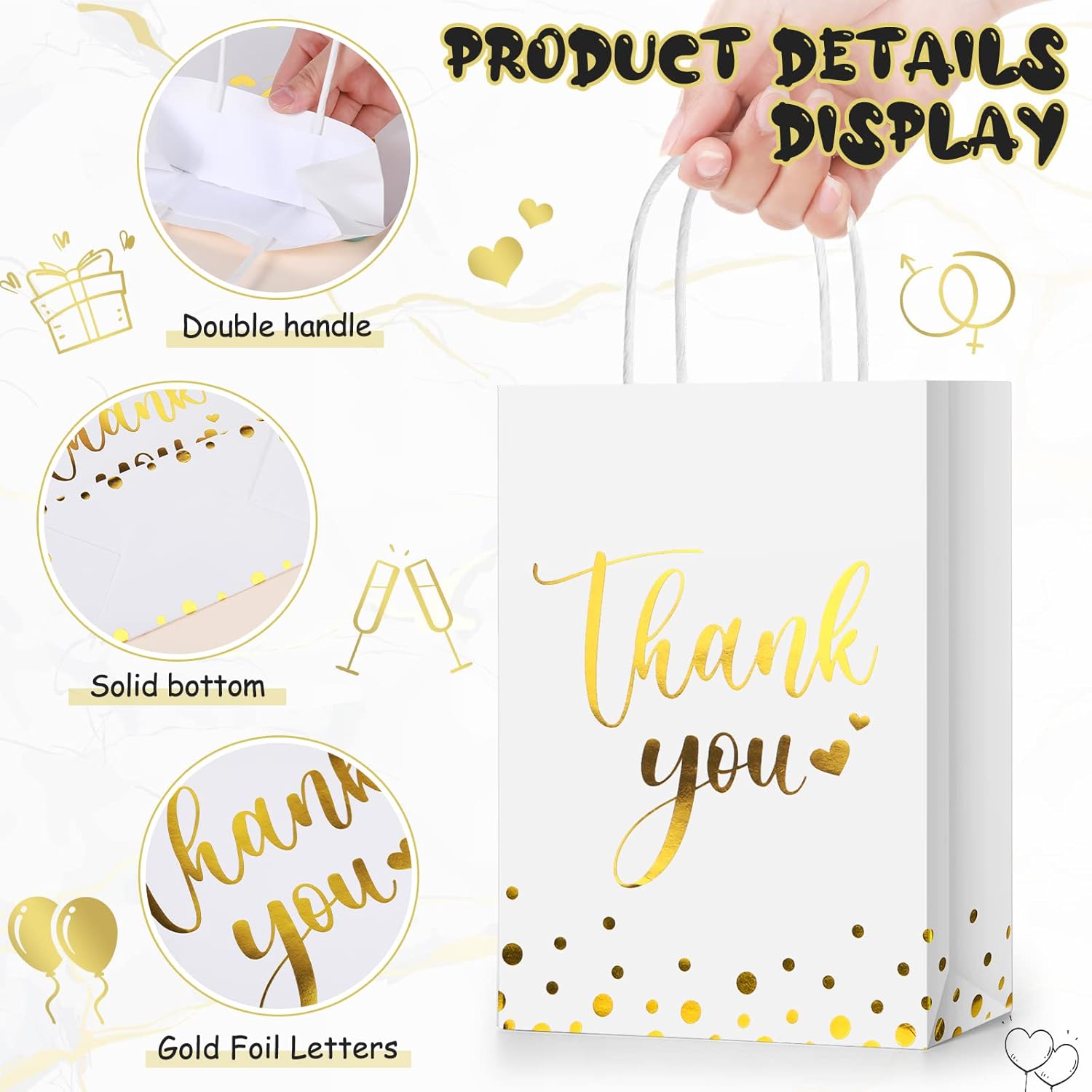 Tinlade 30 Pcs Thank You Gift Bags with Tissue Paper Gold Thank You Wedding Bags with Handle for Graduation Business Shopping Wedding Shower Party Favors(Black White) - Image 3