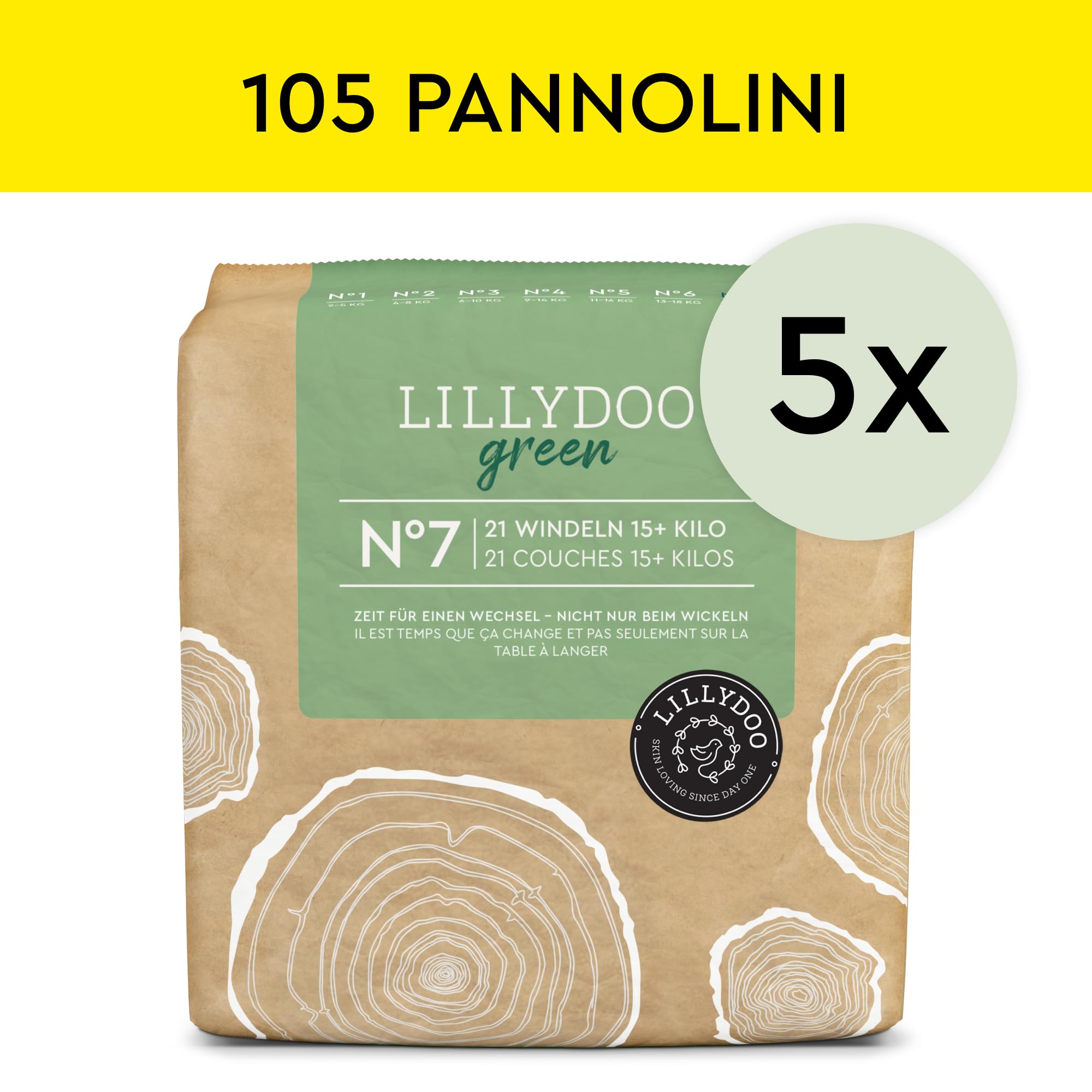 Pannolini a ridotto impatto ambientale LILLYDOO green, taglia 7 (15+ kg), 105 pezzi