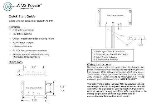 Miniatura 4 de AIMS POWER Controlador de carga solar impermeable de 11 amperios con cables precableados fáciles de instalar para batería de litio AGM, gel y LiFePO4
