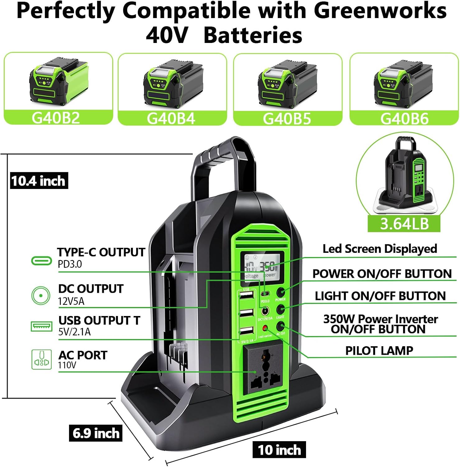 350W Power Inverter for Greenworks 40V Li-ion Batteries,2-Port Supply Inverter Generators Converter DC 40V to AC110V ~120V with LED Light,3 USB-A,1 Type-C,1DC Port, for Outdoor Travel Camping