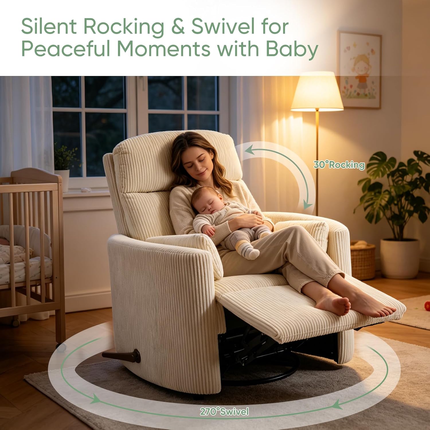 Oversized Swivel Rocker Recliner Chair with Heat and Massage, Rocking Chair with Adjustable Headrest, Manual Rocker Recliner Chair, Glider Recliner Chair with 2 Pillows, Corduroy Beige