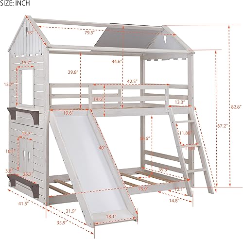 Miniatura 2 de Bellemave Litera individual con tobogán para niños litera de madera con techo marco de litera para casa de juegos cama individual sobre individual