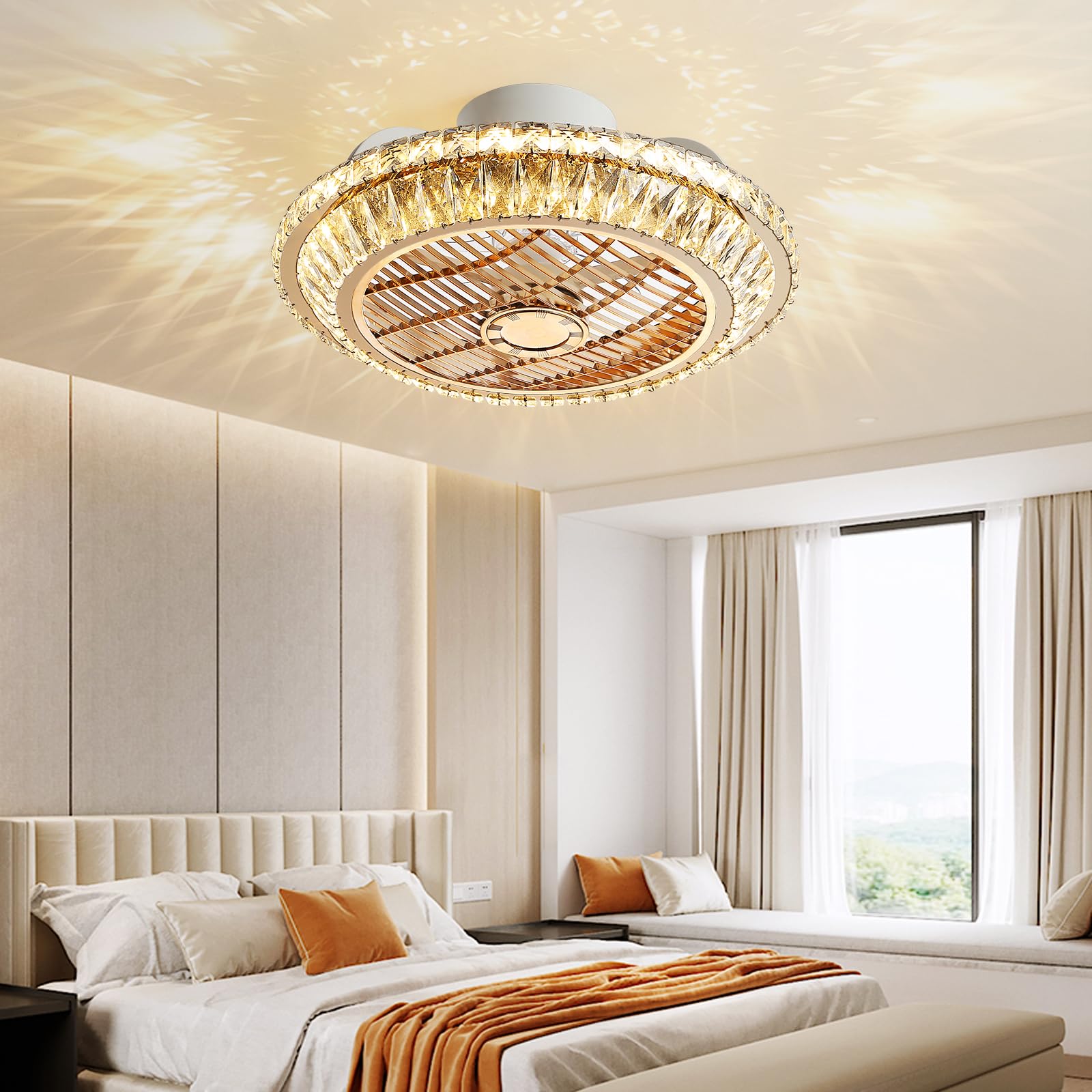 LED Deckenventilator mit Beleuchtung, Leise Kristall Ventilator Kronleuchte mit Fernbedienung Dimmbar Timing Fan Deckenleuchte,72W Moderne Fan Deckenlampe mit Flügelrad, 360°-Umluftleitrad