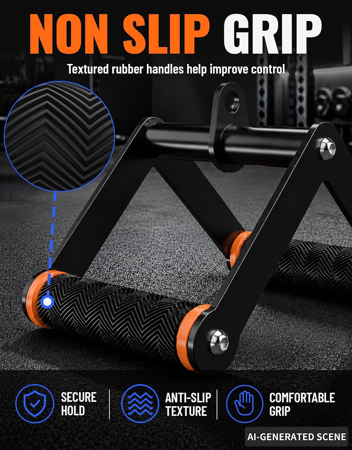 Double D Row Handle Cable Attachment for Gym & Home Workouts, V Bar Cable Attachment with Non-Slip Grips, Orange