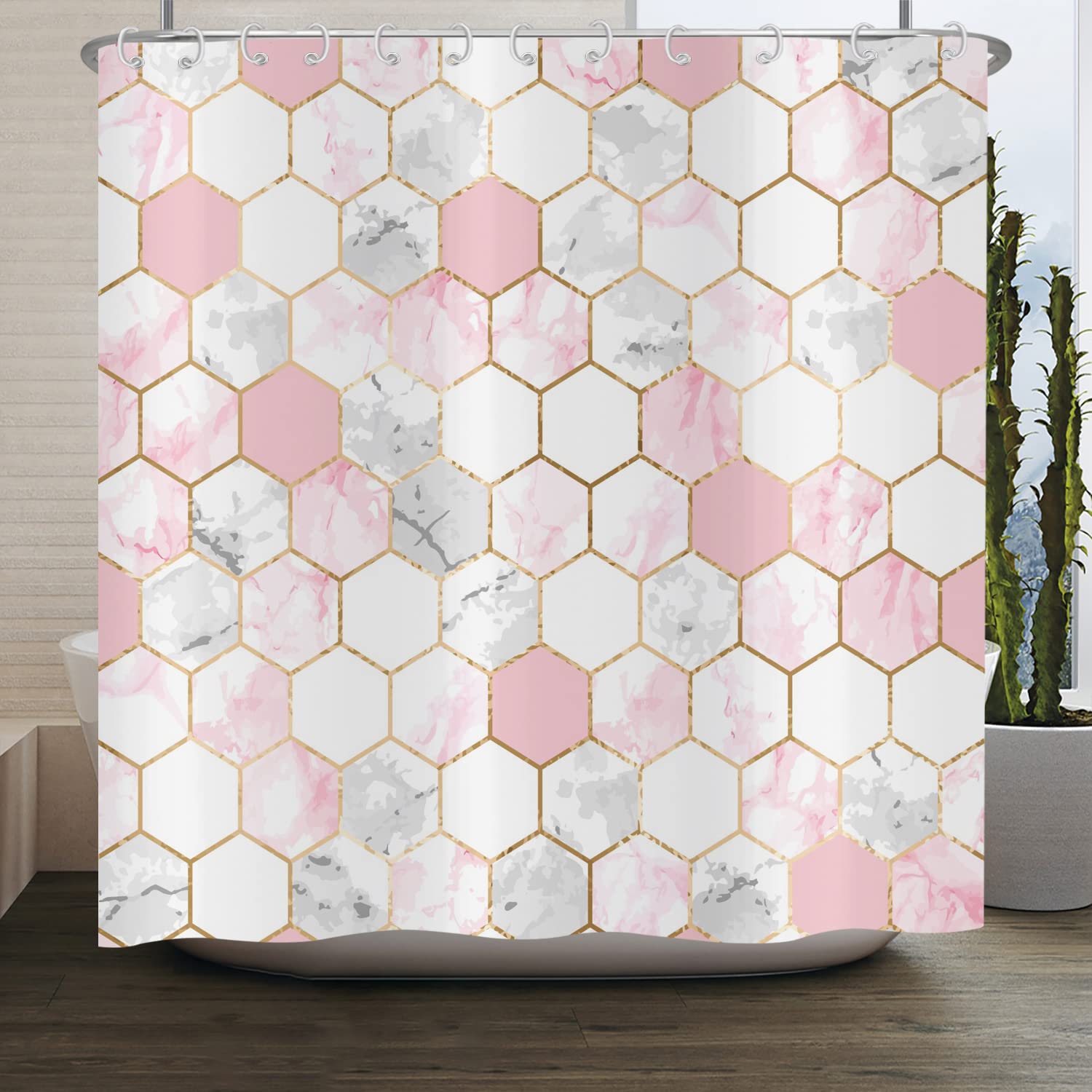 ASDCXZ Shower Curtain Marble 150x180 cm, Modern Light Luxury Pink Gold Grey Marble Optic Bathroom Shower Curtains Washable Polyester Textile Waterproof Shower Curtain for Bathtub with 10 Hooks