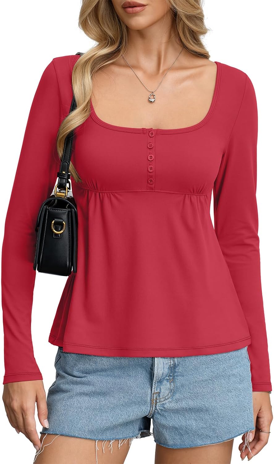 Womens Babydoll Long Sleeve Peplum Tops Sexy Y2k Square Neck Henley Shirts Cute Going Out Top Winter 2026