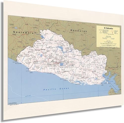 HISTORIX Póster vintage de El Salvador de 1980 - Mapa vintage de 18 x 24 pulgadas, arte de pared de El Salvador, mapa antiguo de El Salvador, mapa