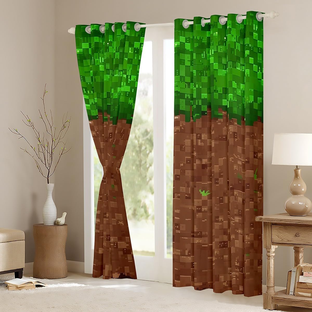 jejeloiu Pixel Curtain (2 Panels, 42 x 84 Inch) Kids Video Game Themed Blackout Shades Green Brown Room Darkening Curtain Window Treatments,Microfiber
