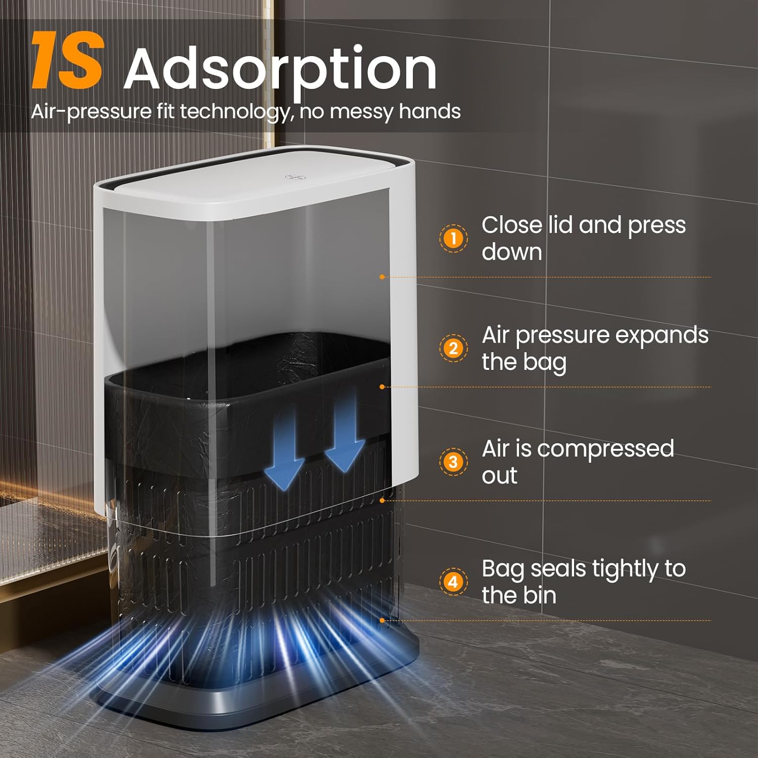 Bathroom Trash Can, 2.1 Gallon Small Slim Garbage Can with Lid and Wheels, Air-Press Bag Expander & Inner Bucket, White Plastic Waste Basket Dog Proof for Kitchen, Office, Bedroom, Garbage Trash Bin