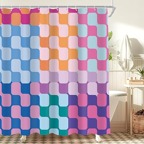 Miniatura 11 de Cinbloo Cortina de ducha retro verde salvia a cuadros de 72 pulgadas de ancho x 72 pulgadas de alto, abstracto, Y2K, lindo tablero de ajedrez beige,
