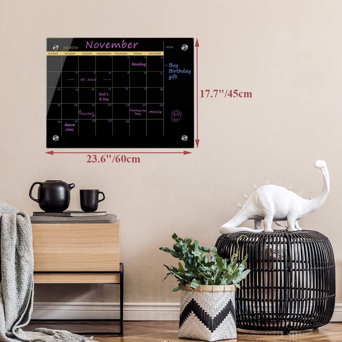 GlassA-BK-4560 - Lavagna bianca in vetro cancellabile a secco, 45,7 x 61 cm, calendario mensile, senza cornice, per casa, scuola, ufficio, superficie Blace