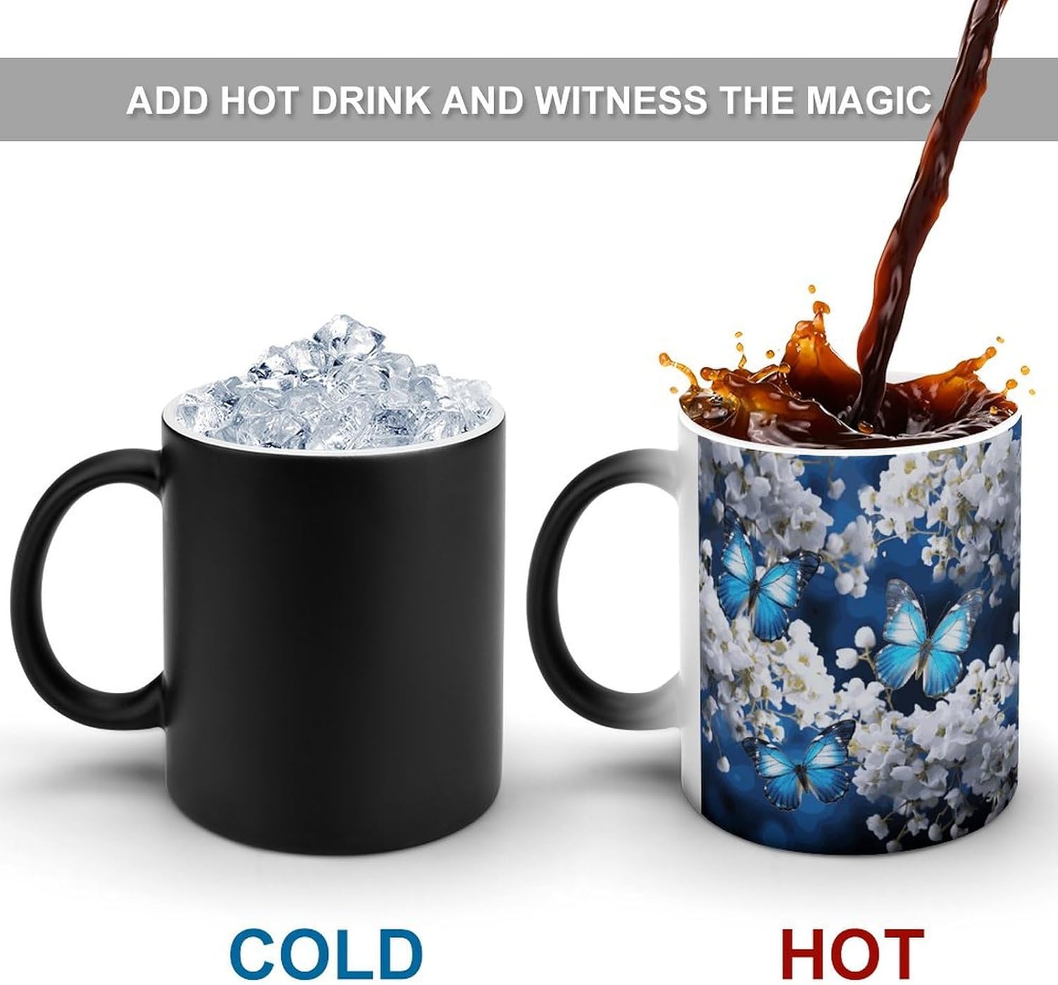 Color Changing Mug Blue Butterflies White Flowers Printed Ceramic Coffee Mug Heat Changing Sensitive Mug Magic Heat Changing Coffee Mug Novelty Coffee Mugs