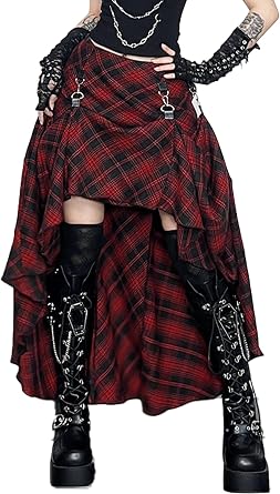SEAUR Womens Gothic Skirt, Checkered Pattern, A-Line, High Waist, Mine Type, Checkered Pattern, Pleated, Harajuku Style, Cute, Mini, Ruffle, Punk, Gothic Loli, Gal, Fashionable, Sick and Cute, Dance