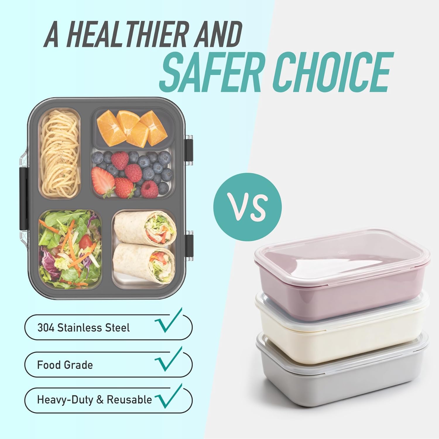 Stainless Steel Bento Box for Kids with Silicone Container, 4 Compartment Metal Lunch Box Kids Adults, Removable Silicone Seal & Clear Lid, Leak Proof Food Storage Container for MealBlack