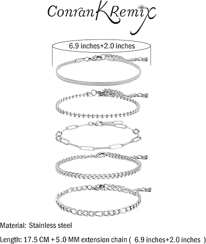 Miniatura 2 de CONRAN KREMIX Pulsera de oro para mujer, de oro real de 18 quilates, impermeable, no se deslustra, cadena de eslabones delicados, juego de pulseras