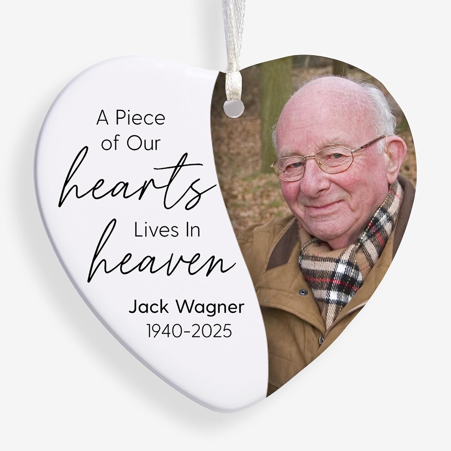 Personalization Universe Memorial Heart Ornament - Custom Ceramic Ornament with Photo & Name, 3.25" W, Deluxe Design - Christmas Decoration - Personalized Memorial Gift - Includes Ribbon for Hanging