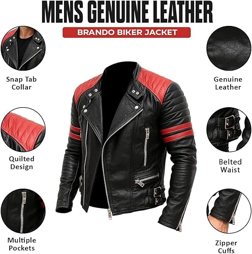 Miniatura 5 de Black Leather Jacket for Men - Cafe Racer Brando Style with Red Stripes Quilted Motorcycle Real Leather Jacket