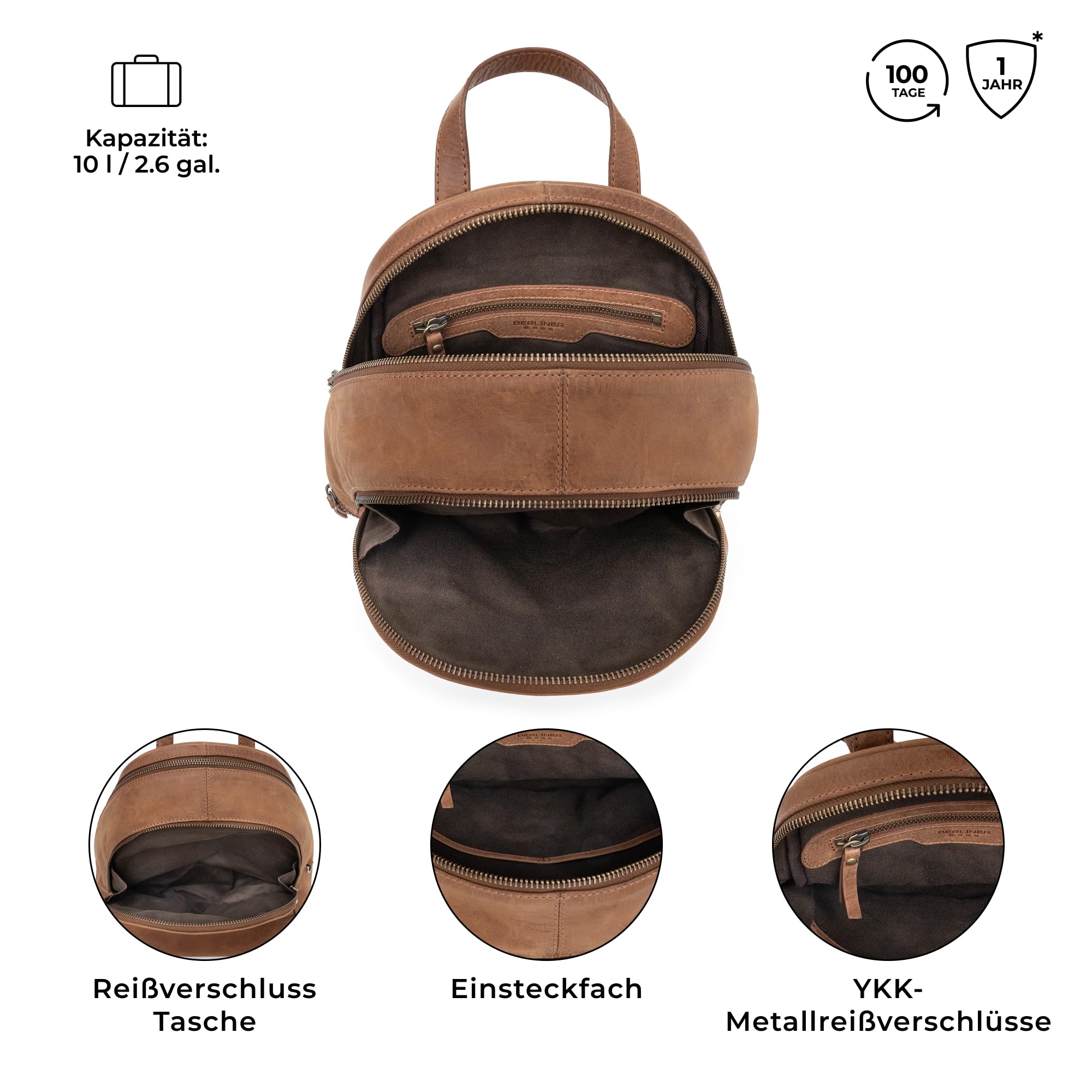 Berliner Bags Vintage Rucksack Florence, Kleine Tagesrucksack, Cityrucksack aus Leder wasserabweisend für Damen - Braun