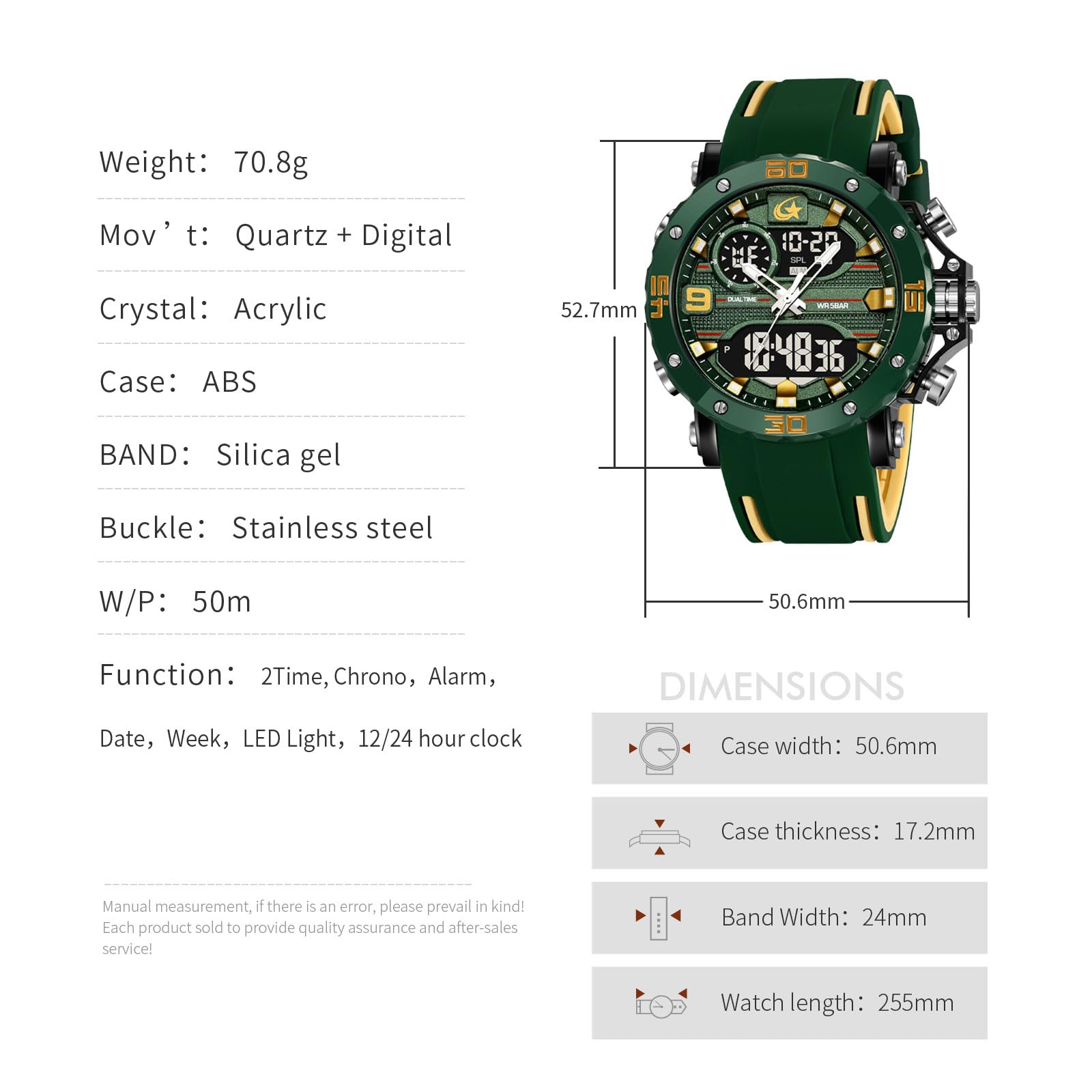 findtime Reloj de hombre militar digital analógico deportivo para exteriores, doble hora, resistente al agua, iluminación LED, esfera grande, reloj con alarma, fecha, 12/24 h, cronómetro, cronómetro