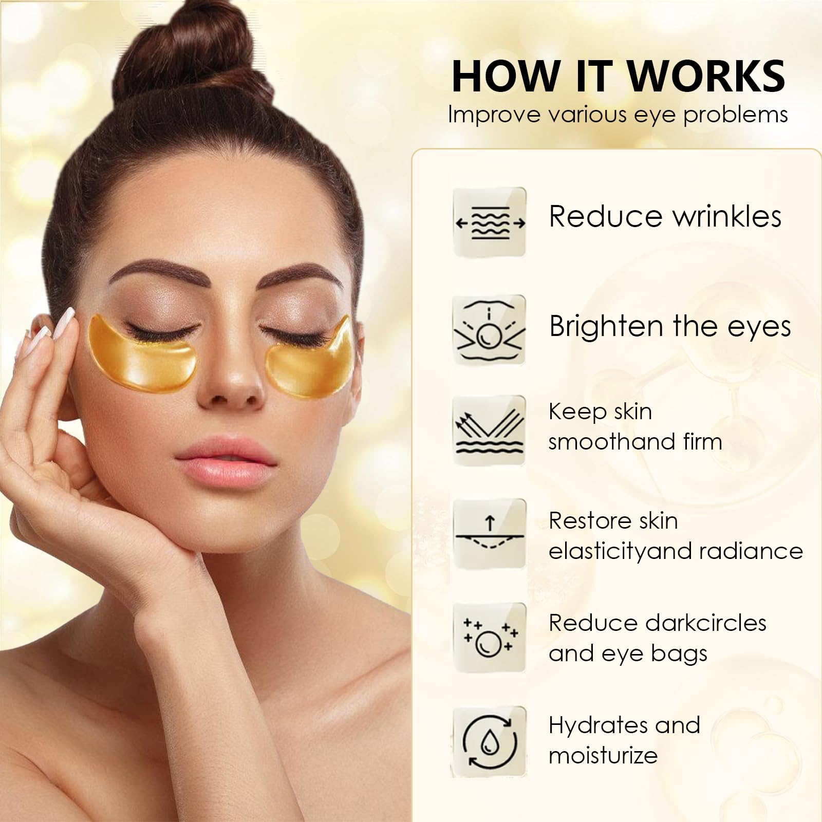 60 Patch Gold Masque Pour Les Yeux, Patch Anti Cernes Yeux, Contre les poches, cernes et rides, Hydratant, aide à soulager la fatigue, Soin éclaircissant du contour des yeux pour Femmes et Hommes