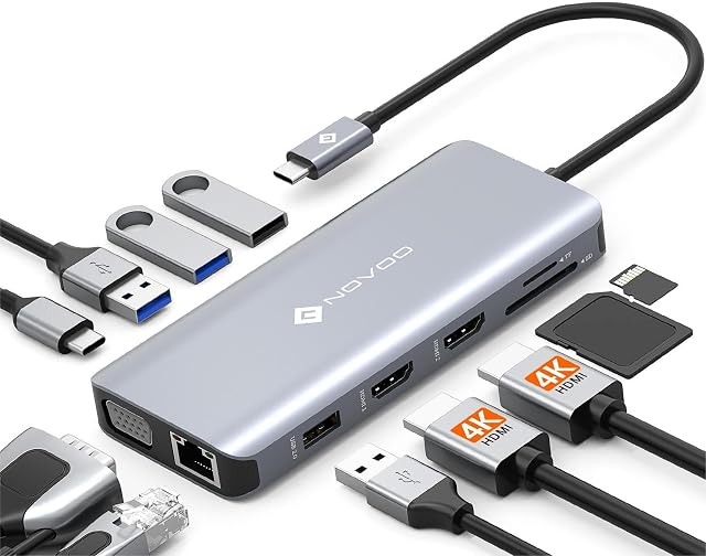 NOVOO USB C Moniteur triple station d'accueil, USB C Hub avec 2 HDMI 4K,VGA,Ethernet,100W PD, 4USB Ports, USB C Hub Thunderbolt Dock Compatible pour MacBook et autres USBC Ordinateurs portables