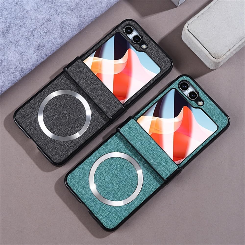 Built-in with Screen Protector for Samsung Galaxy Z Flip 6 5 5G Magnetic Case,Compatible with Magsafe, Flip5 /flipl6 Cloth Skin Vintage Women Men Cover (Black,for Samsung Z Flip 5)