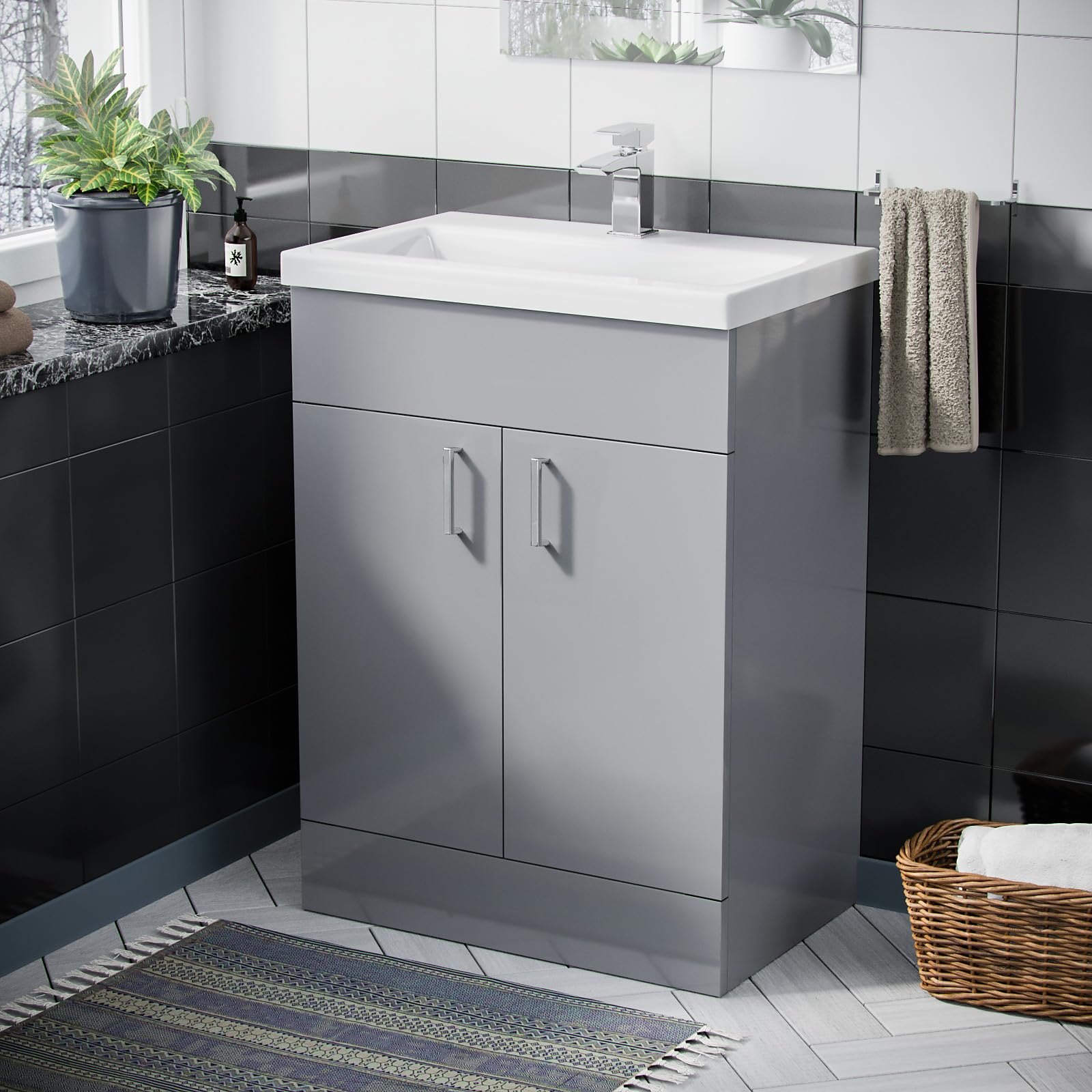 Nes Home Grey 600Mm Freestanding Vanity Unit With Basin