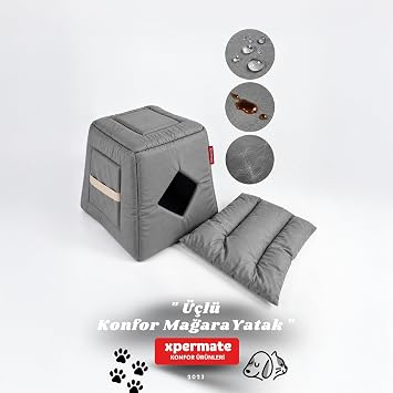 Xpermate Kedi Evi Kedi Yuvası 3 Fonksiyonlu Kedi Mağarası Küçük Irk Köpek Evi Antrasit