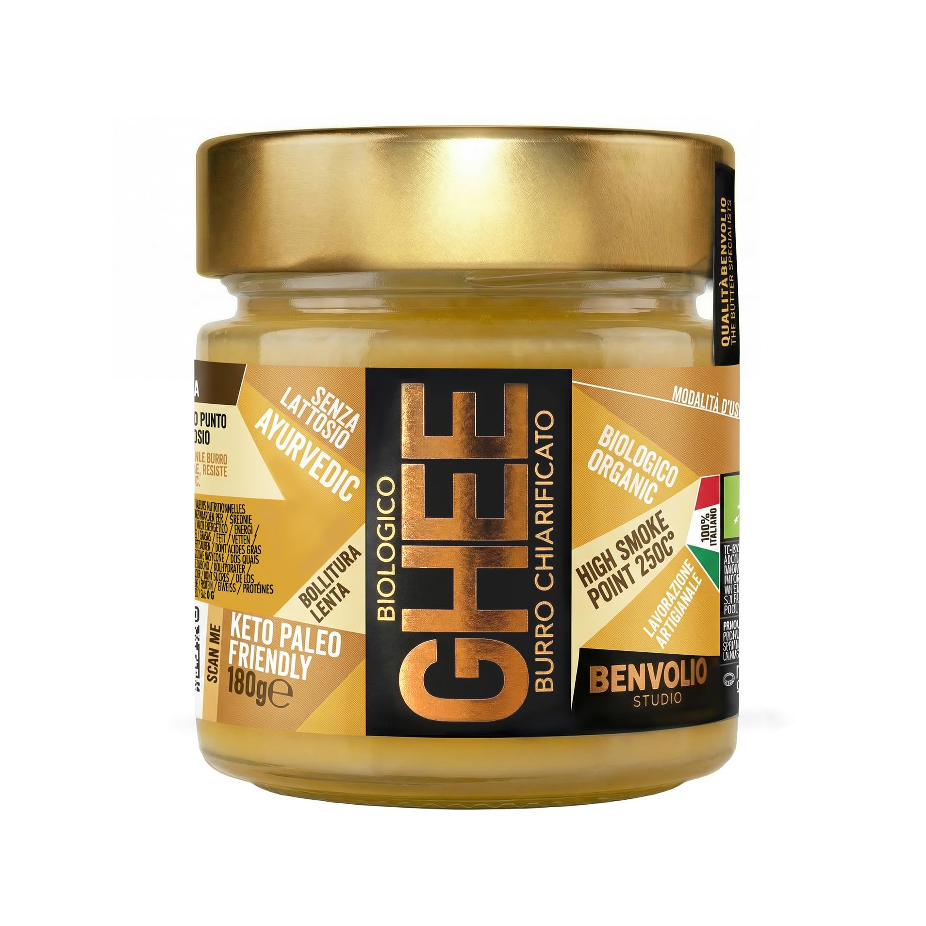 Benvolio Ghee Mantequilla Clarificada Ecológica 180g Italiana Sin Lactosa Alto Punto de Humo 250°C