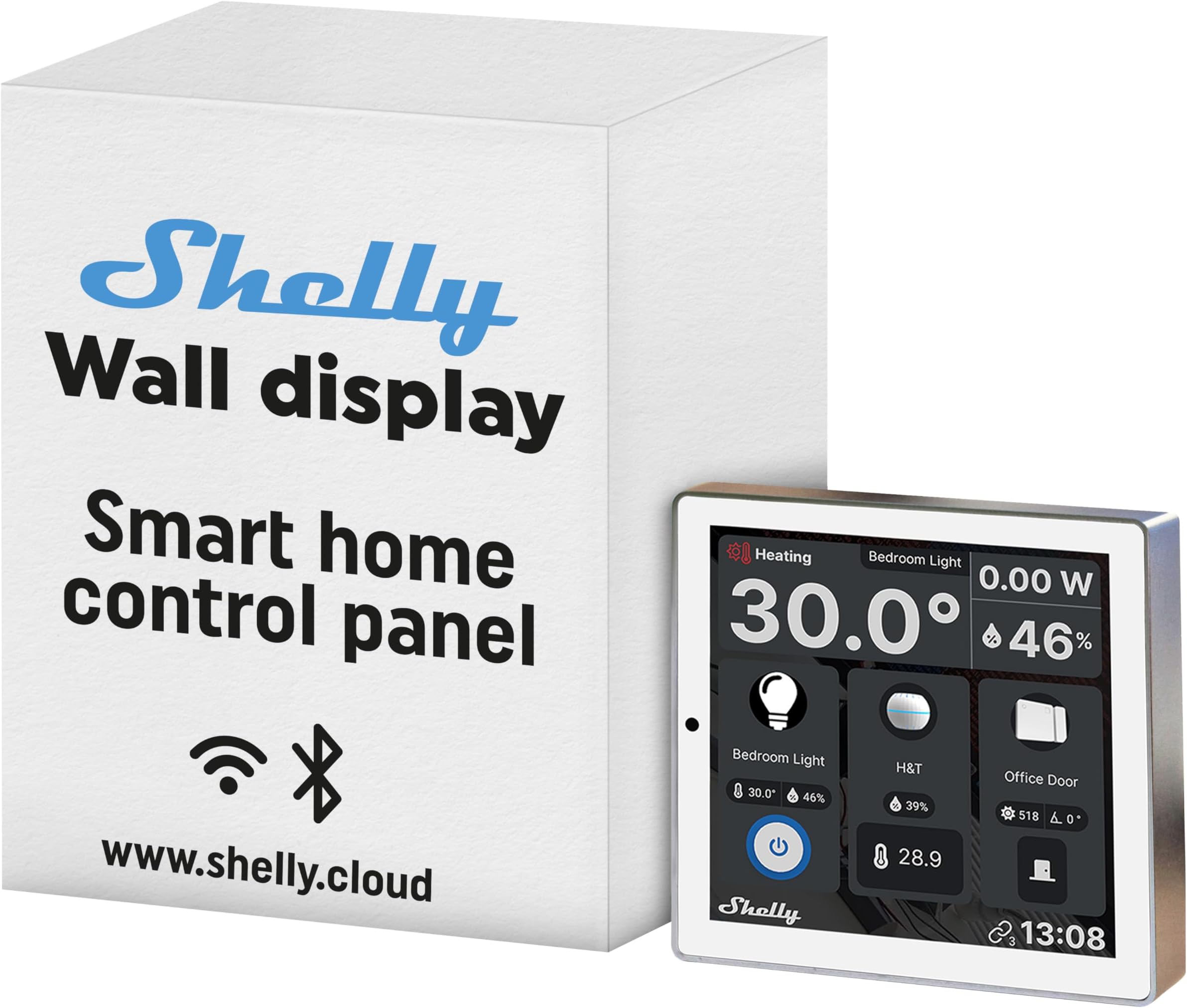 Shelly Wall Display White, WLAN & Bluetooth Smart Control Panel with Integrated 5A Switch and Colour Display, Home Automation, iOS Android Application, Lux Sensors