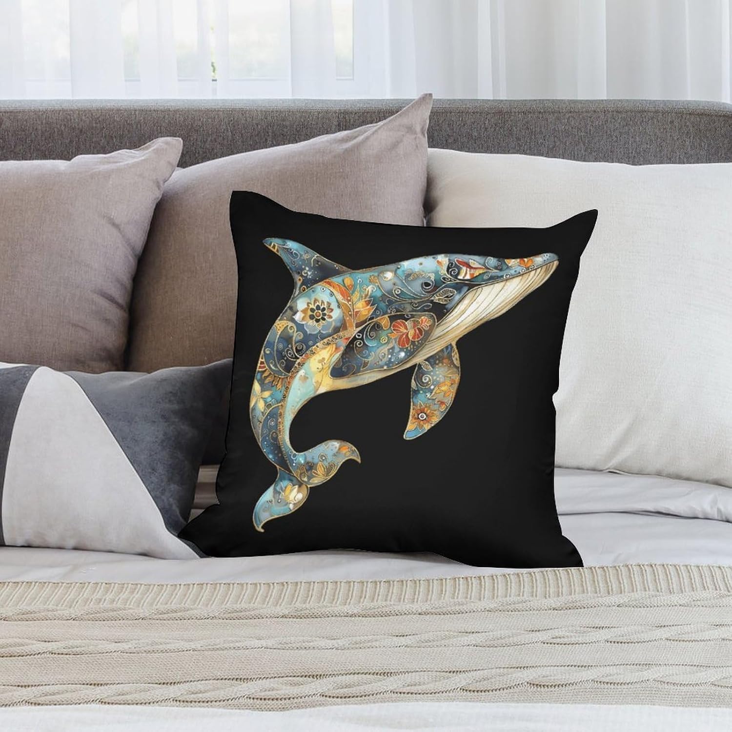 Mandala Flower Whale Printed Throw Pillow Case 4 Pcs Soft Pillowcases Pillows Covers Sofa Bed Decor 12/14/16/17/18/20/22/24/32 Inches