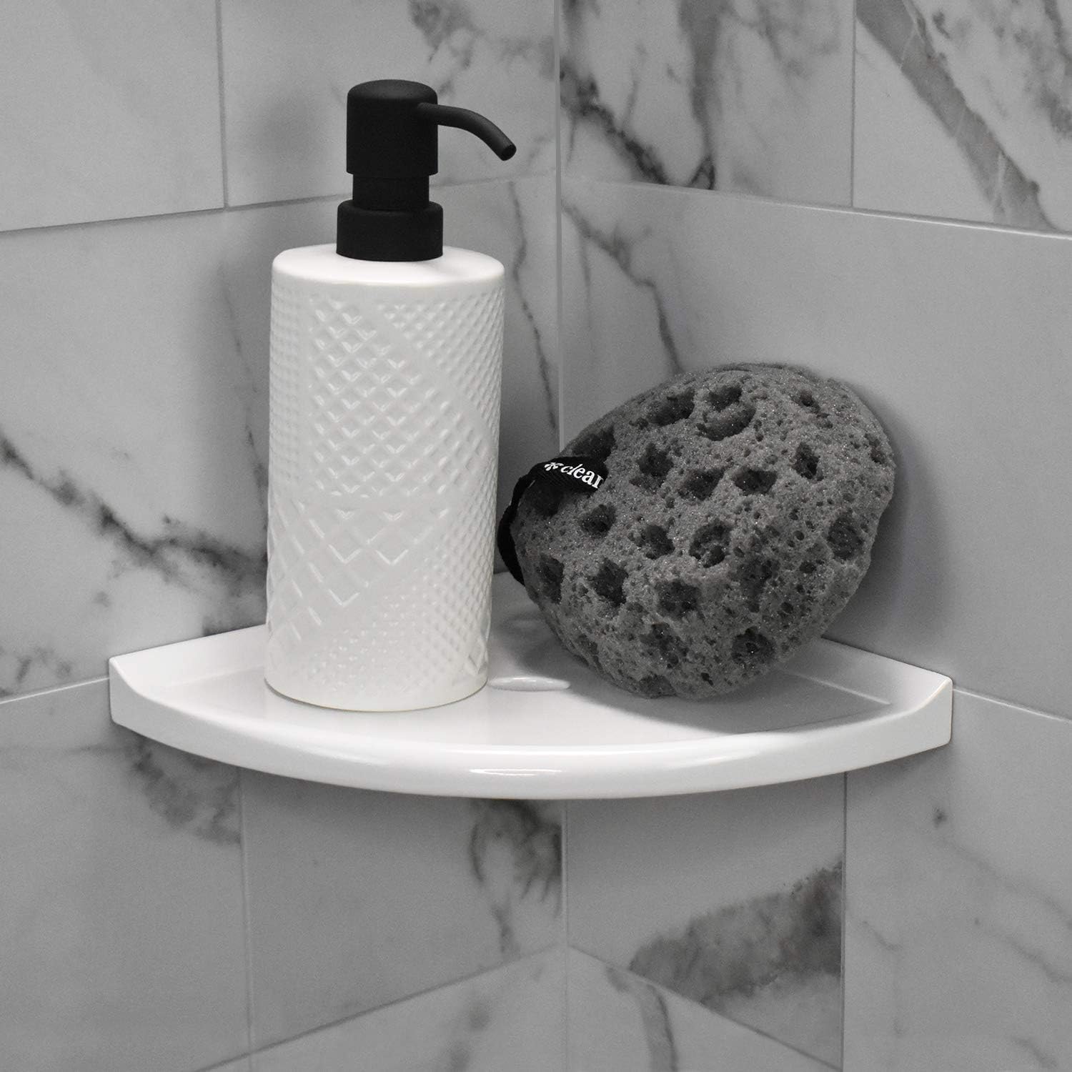 Questech Décor 8 Inch Corner Shower Shelf Bathroom Caddy, Wall Mounted Corner Shower Shelf, Retrofit Shelf for Tiled Shower Walls, Corner Bathroom Shelf, 8 Inch Metro Flatback, Bright White Polished