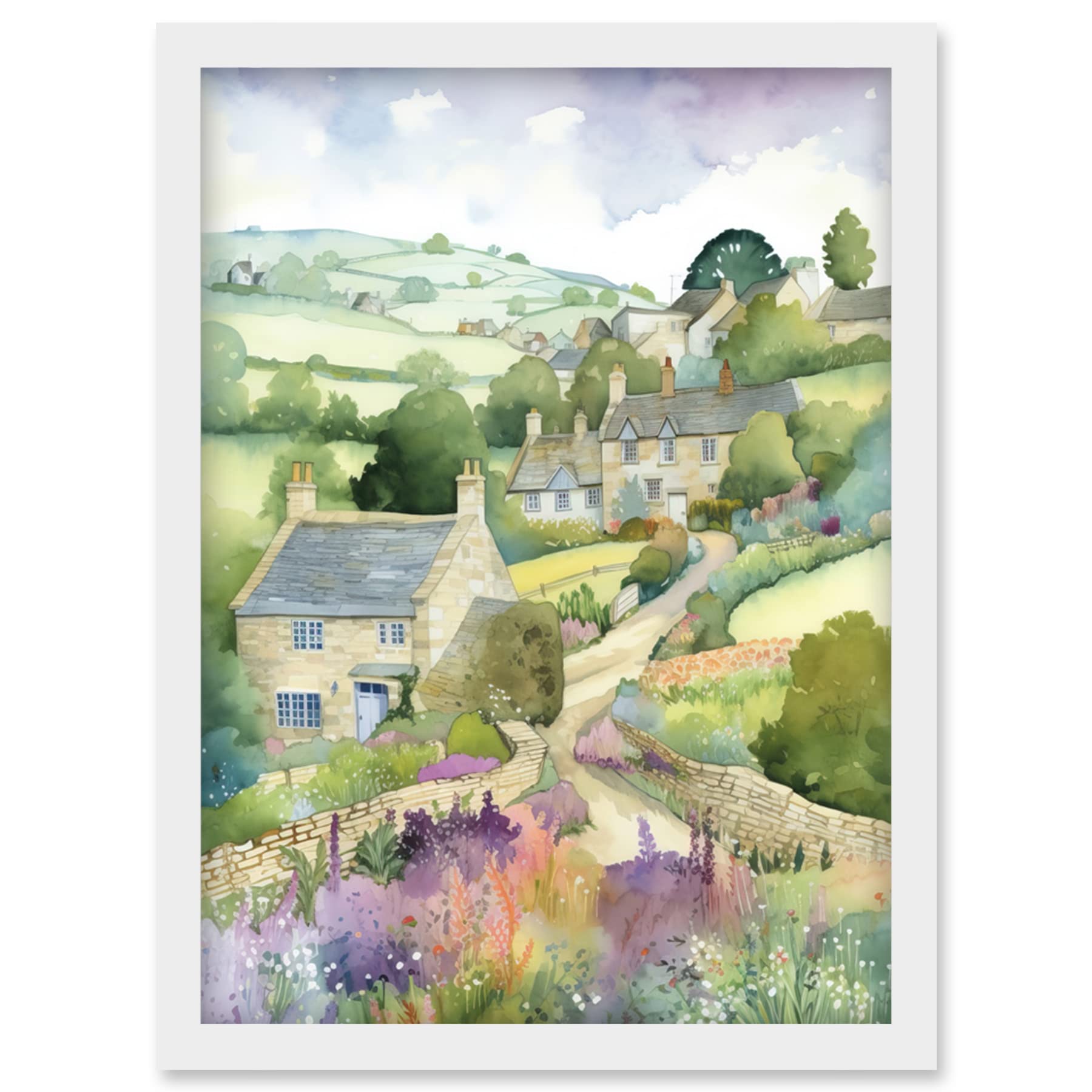 Artery8 Countryside Spring Landscape with Cottages Modern Watercolour Painting Artwork Framed Wall Art Print A4