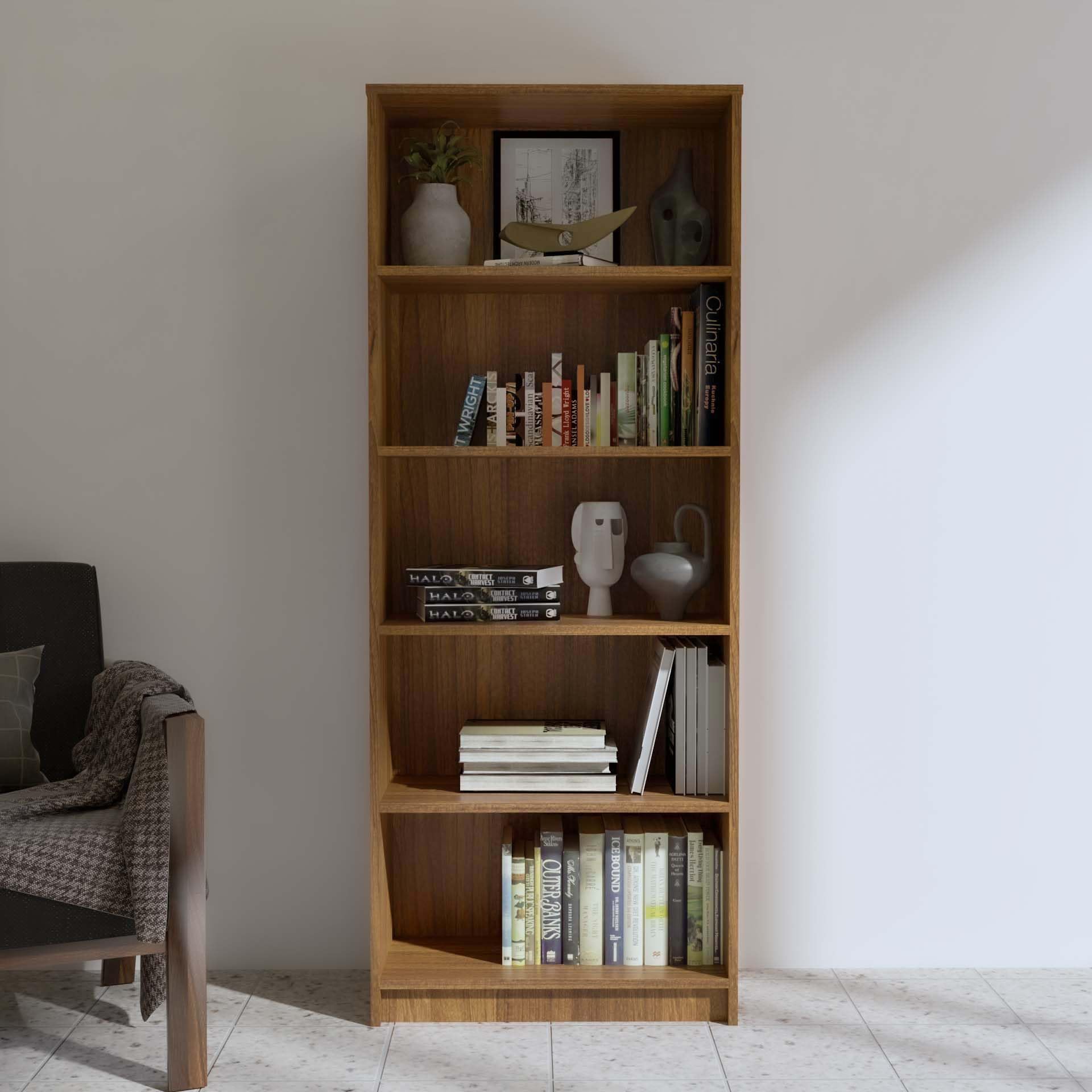 NEUDOT Bravo Engineered Wood 5-Shelf Open Bookshelf Cabinet | Book Rack Organizer for Decor & Display | Floor-Standing Bookcase for Home, Office & Library | Leon Teak Finish