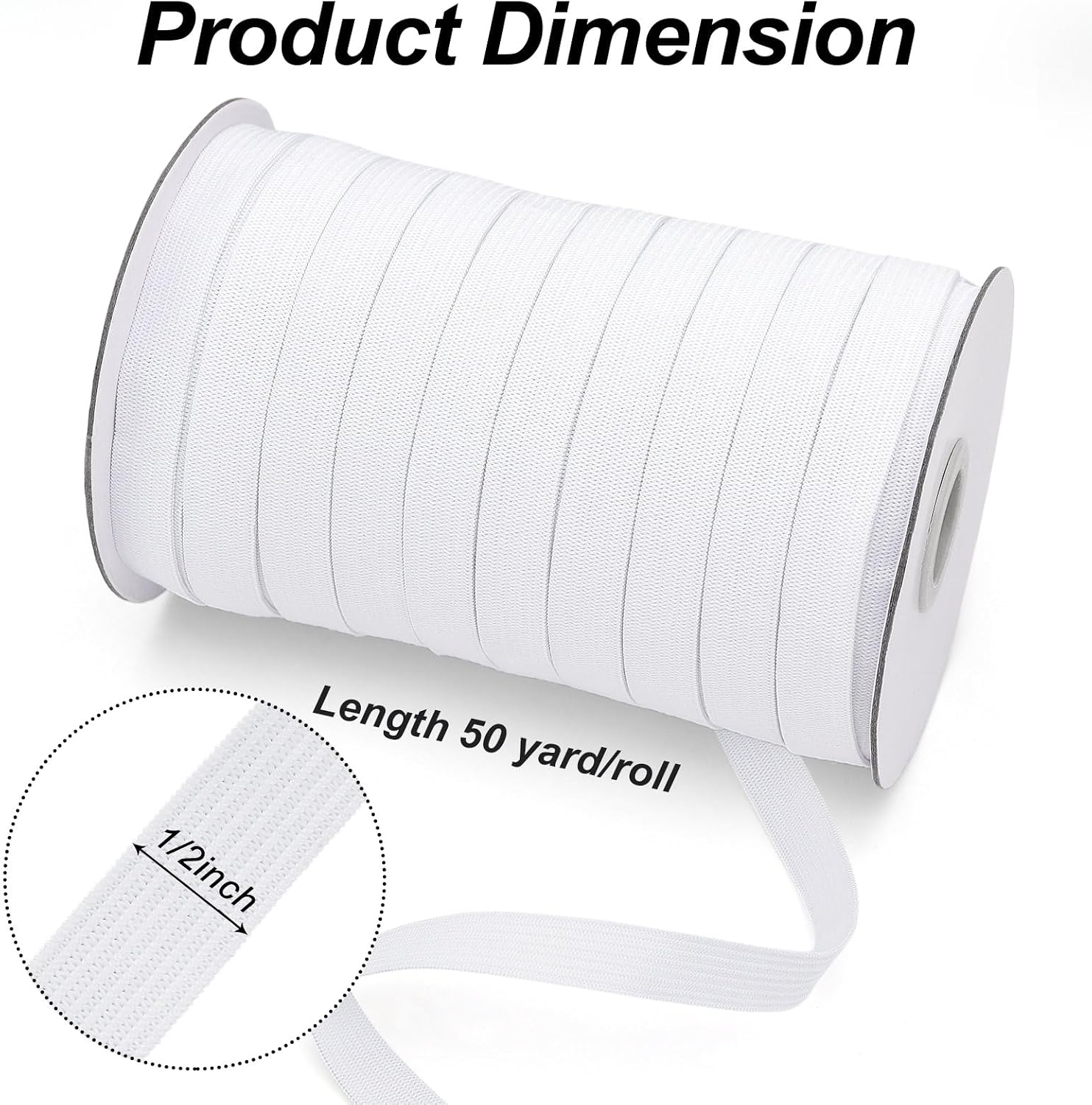 50 Yards Length 1/2 Width White Flat Elastic Band, Stretch Elastic Cord Rope, Knit Elasticity Spool for Sewing and DIY Crafting