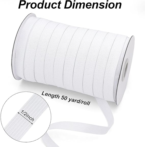 50 Yards Length 1/2 Width White Flat Elastic Band, Stretch Elastic Cord Rope, Knit Elasticity Spool for Sewing and DIY Crafting