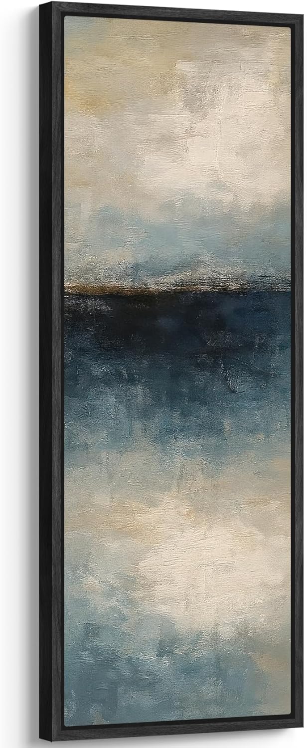 wall26 Large Framed Wall Art Canvas Print - Blue and Beige Abstract Horizon Wall Decor - Contemporary Artwork for Living Room Bedroom Office - 60"x20" Black