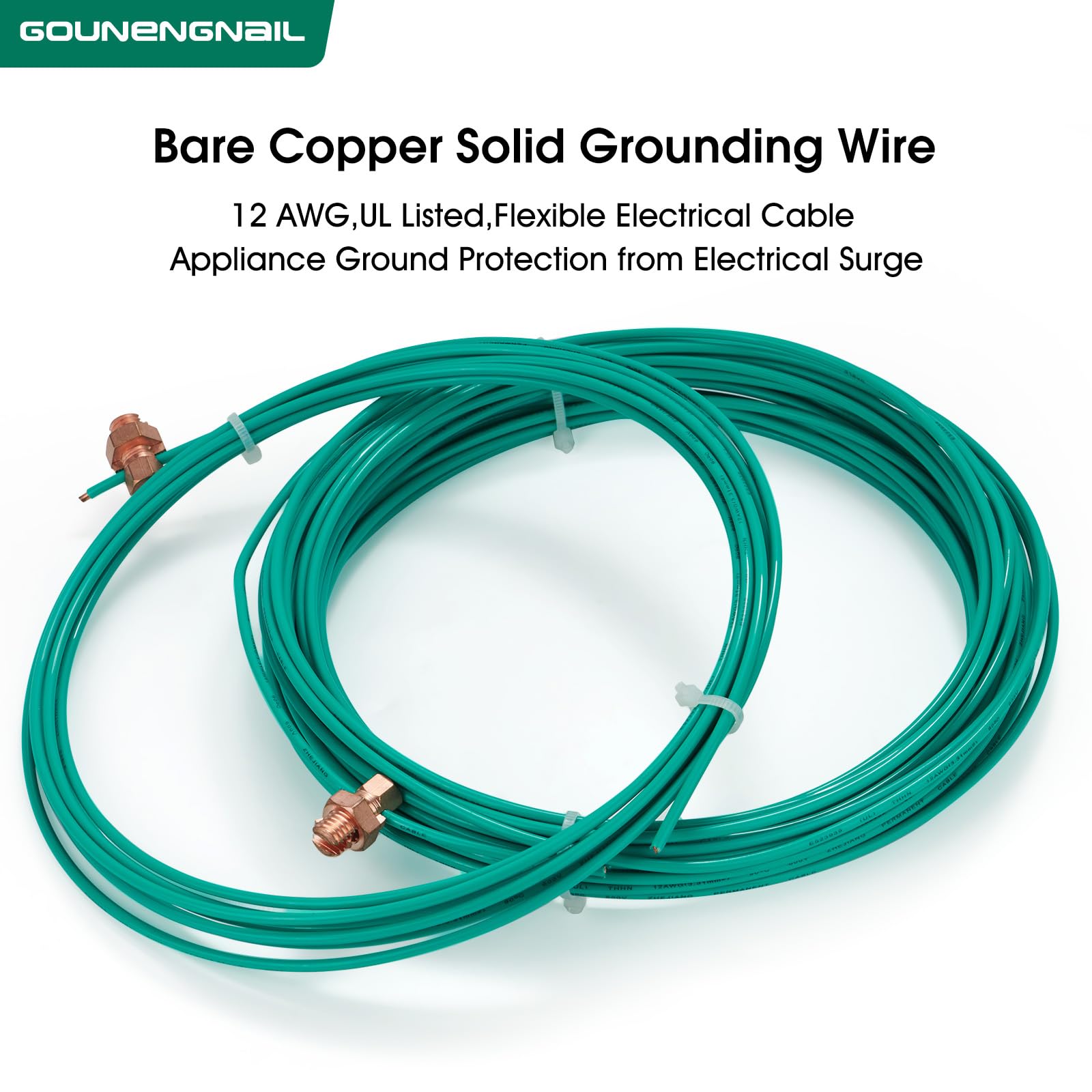 GOUNENGNAIL UL Listed Solid Pure Copper Grounding Cable, 12 AWG Grounding Wire, THW PVC Jacket, Wet Dry Indoor Outdoor Aerial Usage, Appliance Ground Protection from Electrical Surge