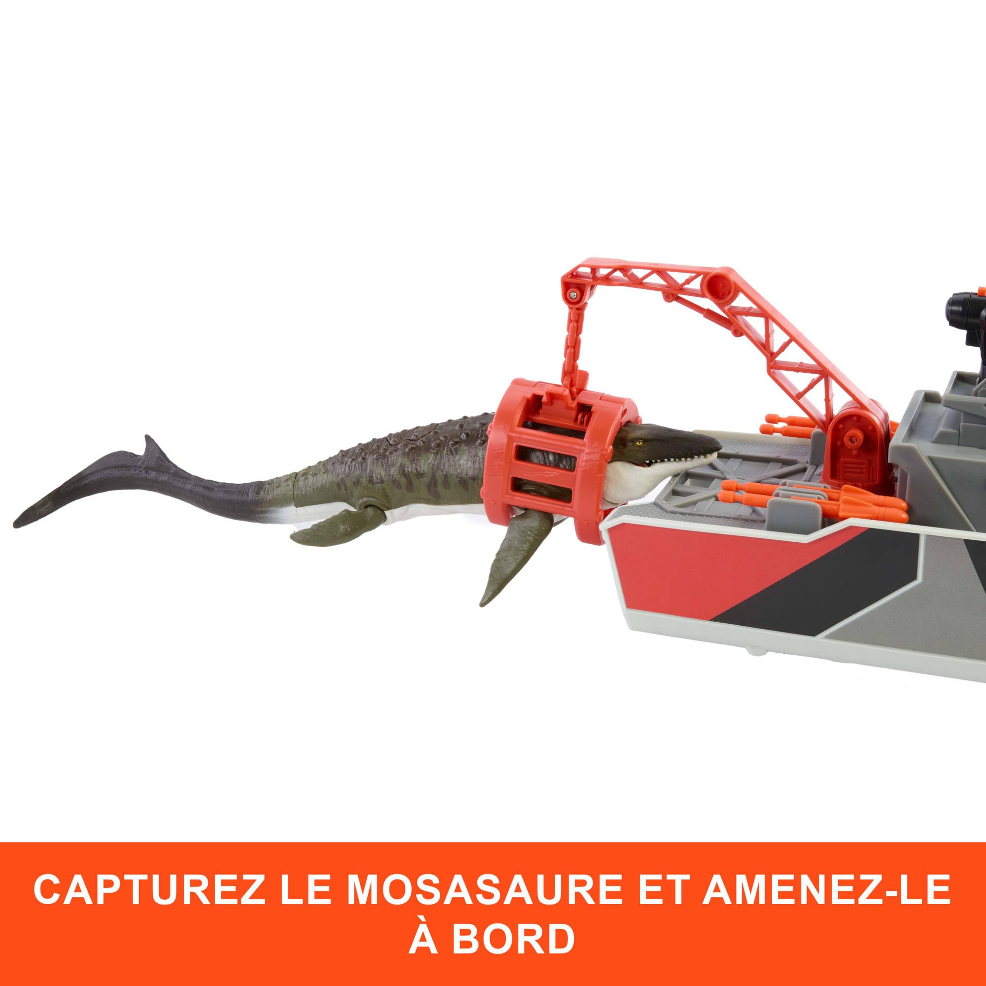 Matchbox Coffret Bateau de sauvetage Jurassic World: Renaissance, de plus de 31 cm avec mosasaure de plus de 33 cm, Jeep à l’échelle 1/64, missiles harpon et bateau de sauvetage amovible, JGG61