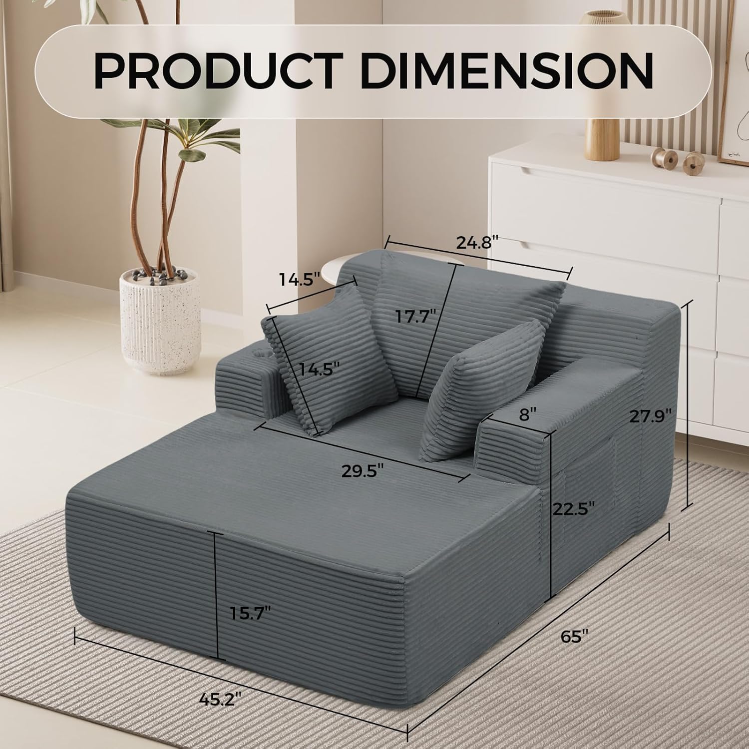 65" Chaise Lounge Chair Indoor, Oversized Corduroy Sofa Bed with 3 Pillows, Boneless Sleeper Couch Chairs, Cloud Sleeper Sofa for Bedroom Living Room with Storage Pocket & Cup Holder, Gray