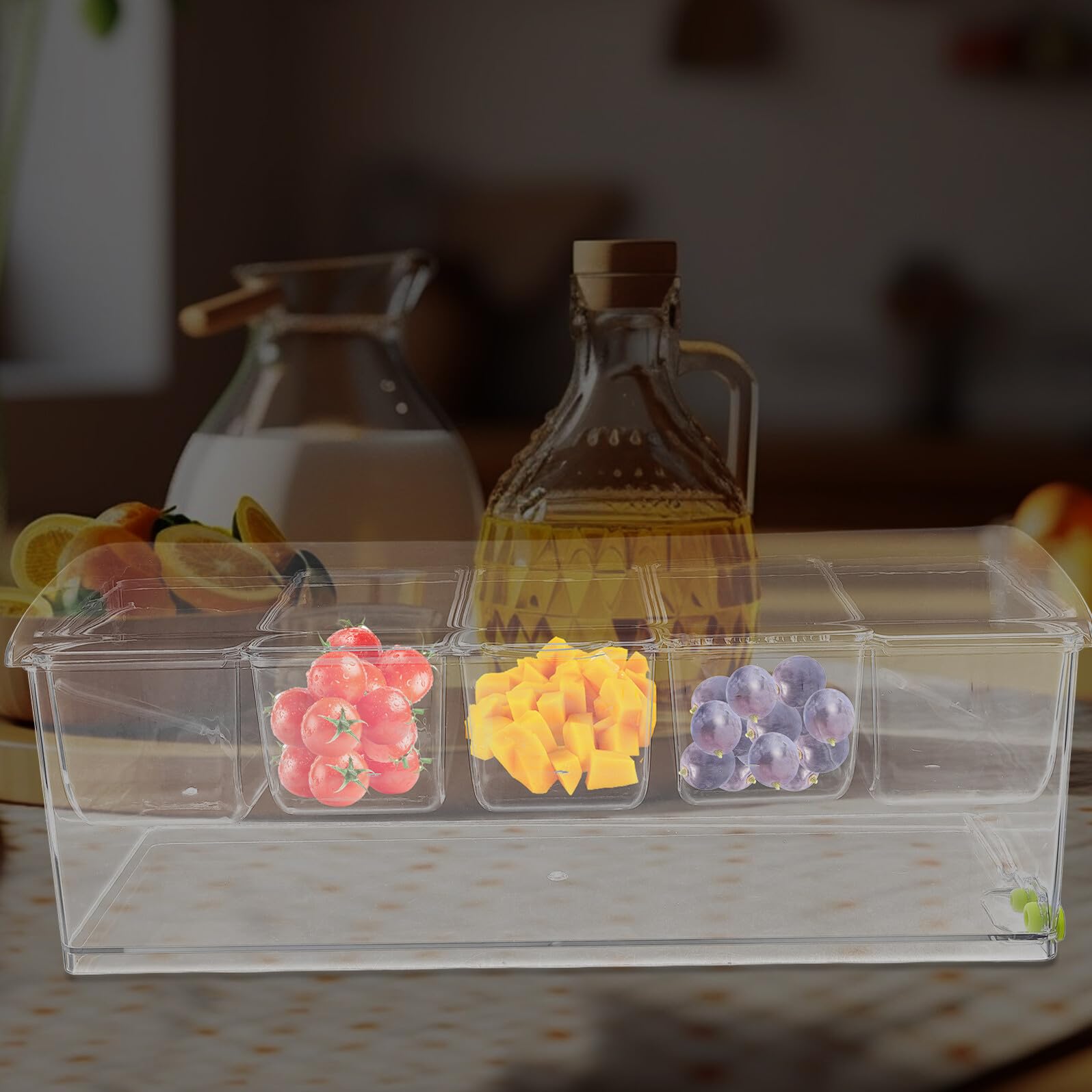 Plateau à Condiments Réfrigéré en Plastique Transparent 5 Compartiments avec Couvercle Plateau à Garnitures pour Bar et Buffet Service de Fruits Légumes et Sauces pour