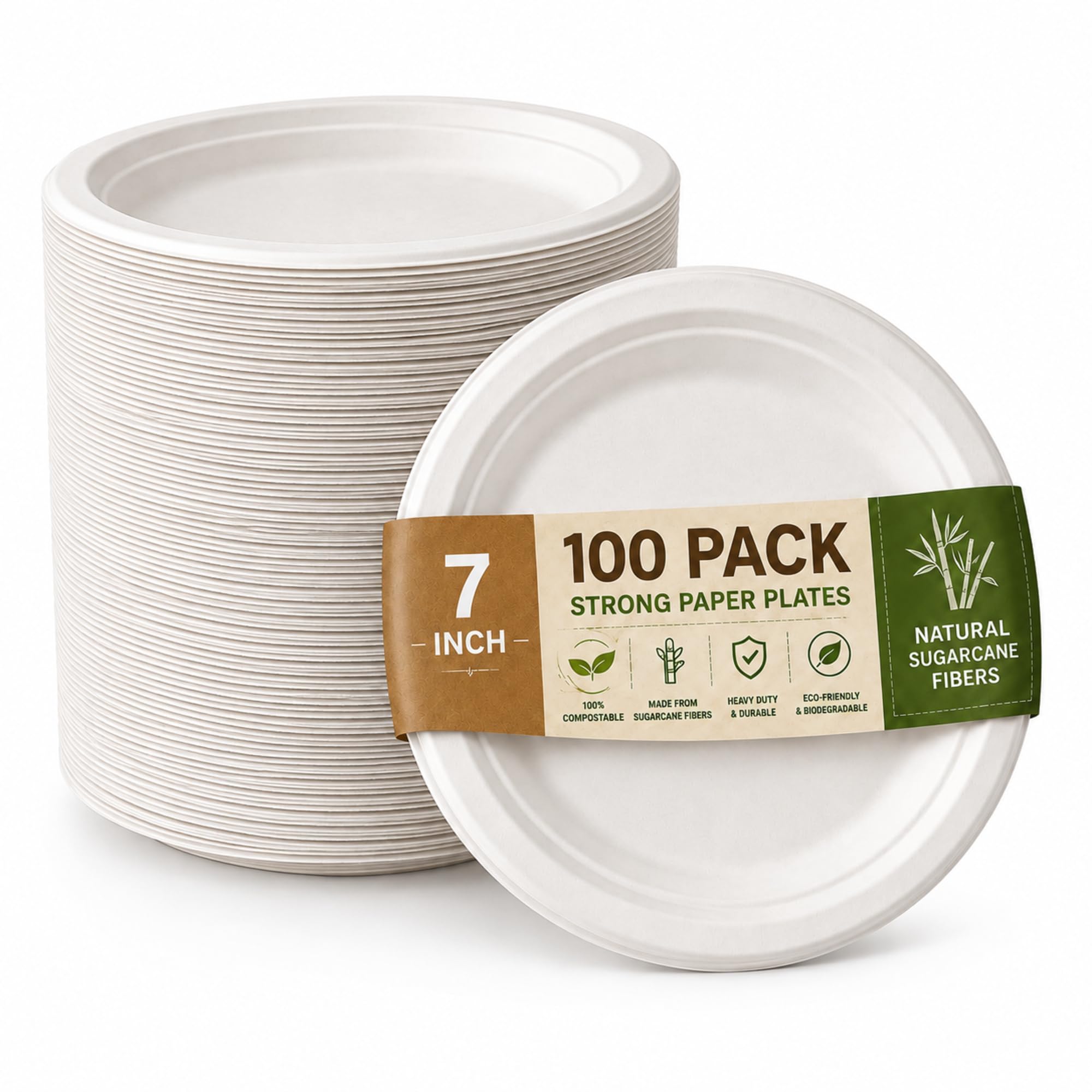 VylEco Strong Paper Plates 7 Inch - 100% Compostable Heavy-Duty Eco-Friendly Disposable Bagasse Plates, Made of Natural Sugarcane Fibers – Biodegradable Paper Plate (7 Inch - 100 Plates) — image 1