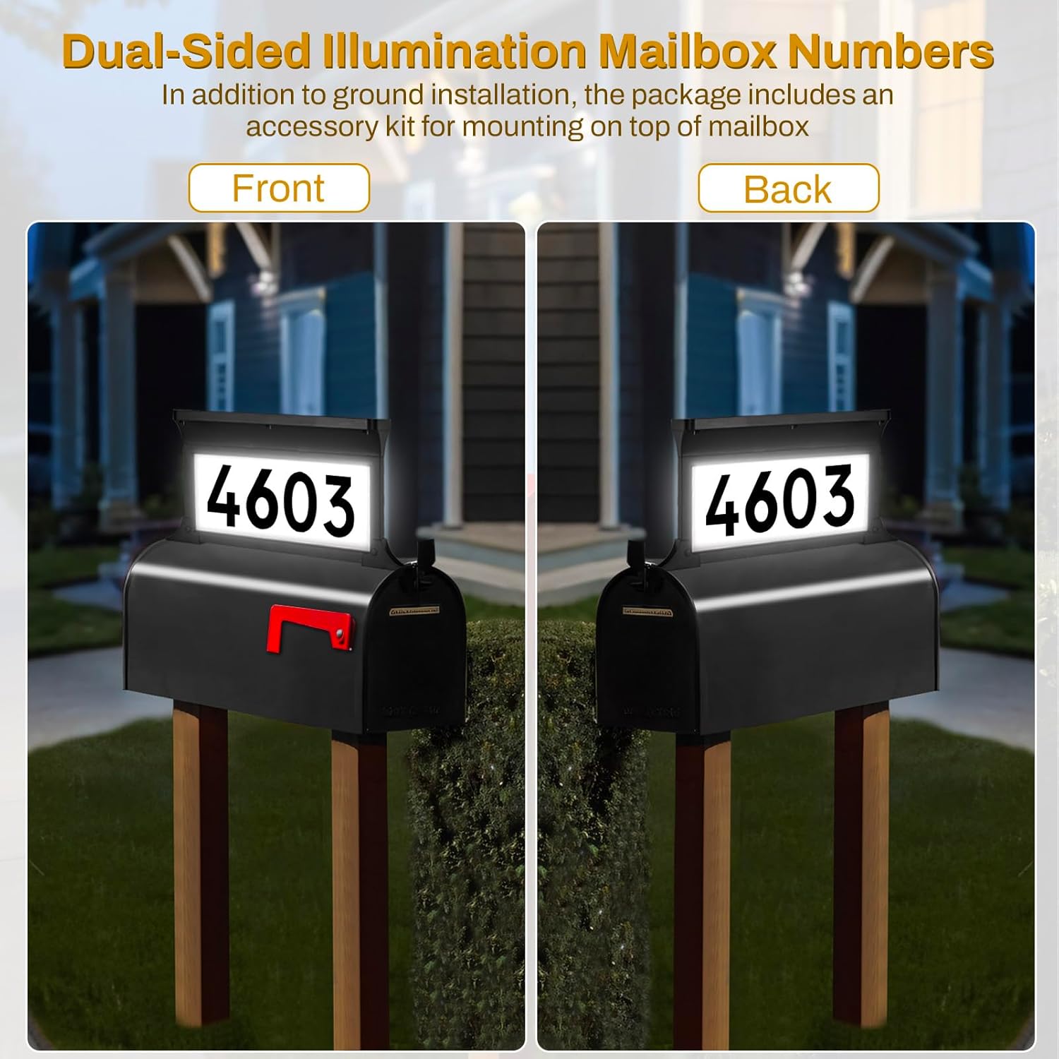 Lacasa Solar Address Signs for Yard, Dual-Sided Illumination Solar House Numbers for Outside, Waterproof Outdoor Solar Mailbox Number Plaque, 3-Color Modes, 1 Pack